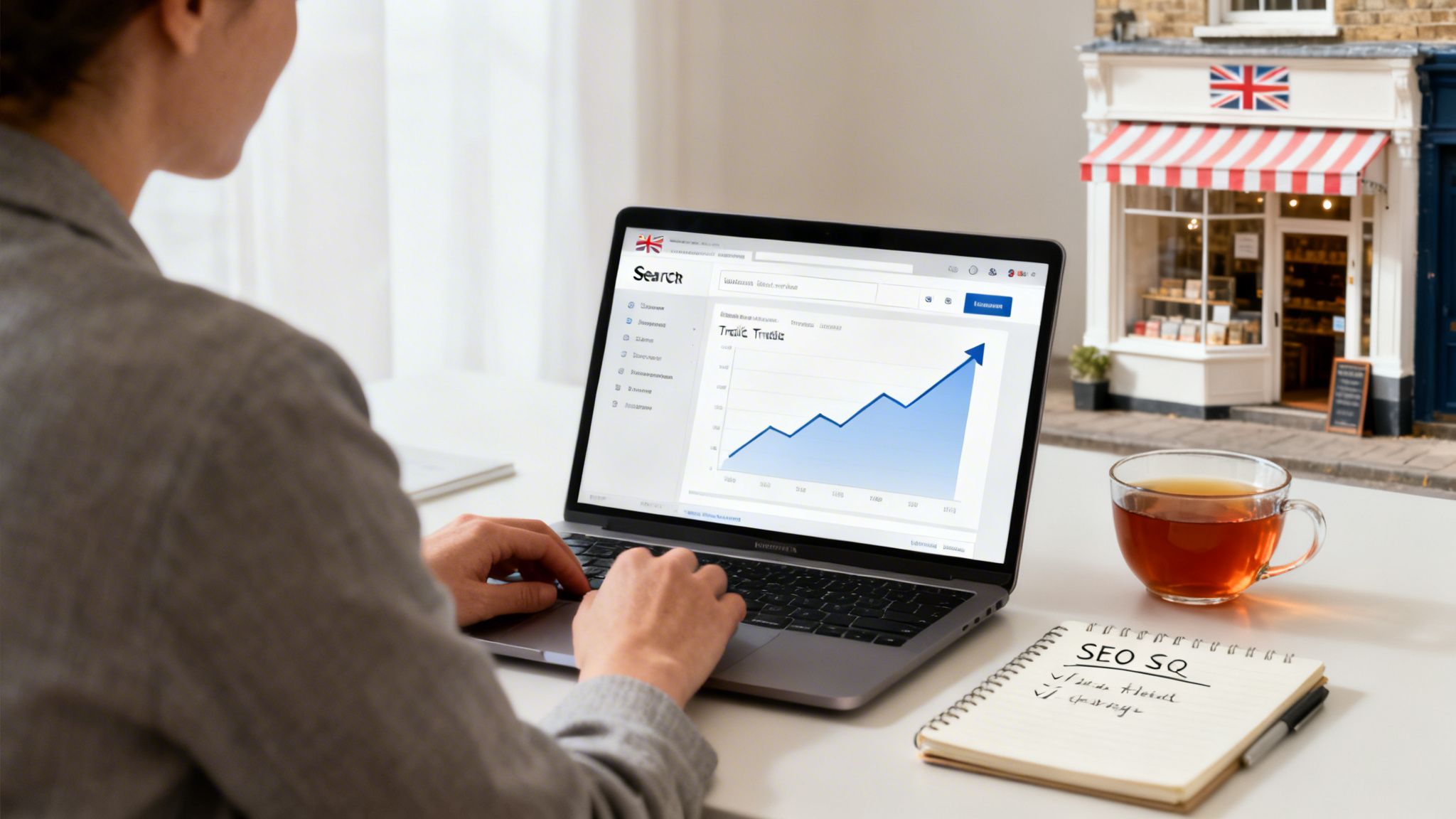 A person works on a laptop displaying SEO traffic growth, with a small British shop model and tea.