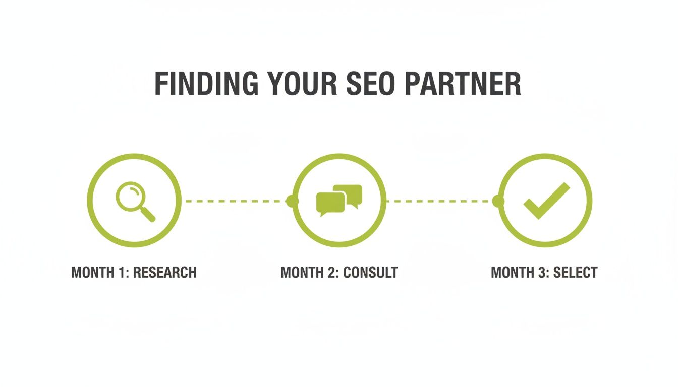 Infographic illustrating a three-month process for finding an SEO partner: research, consult, select.
