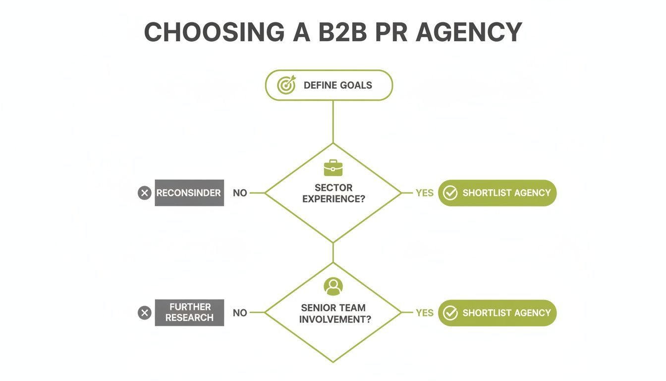 Flowchart illustrating the process and key criteria for choosing a B2B PR agency.