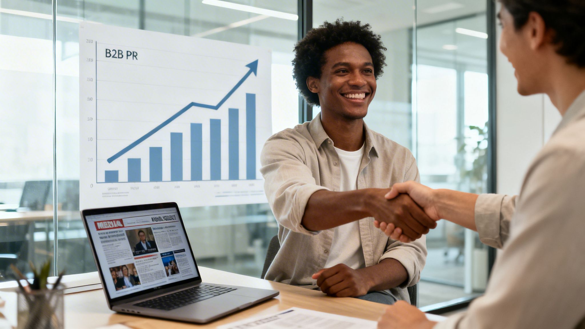 Two smiling businessmen shake hands in an office, with a 'B2B PR' chart and laptop nearby, signifying successful partnership.