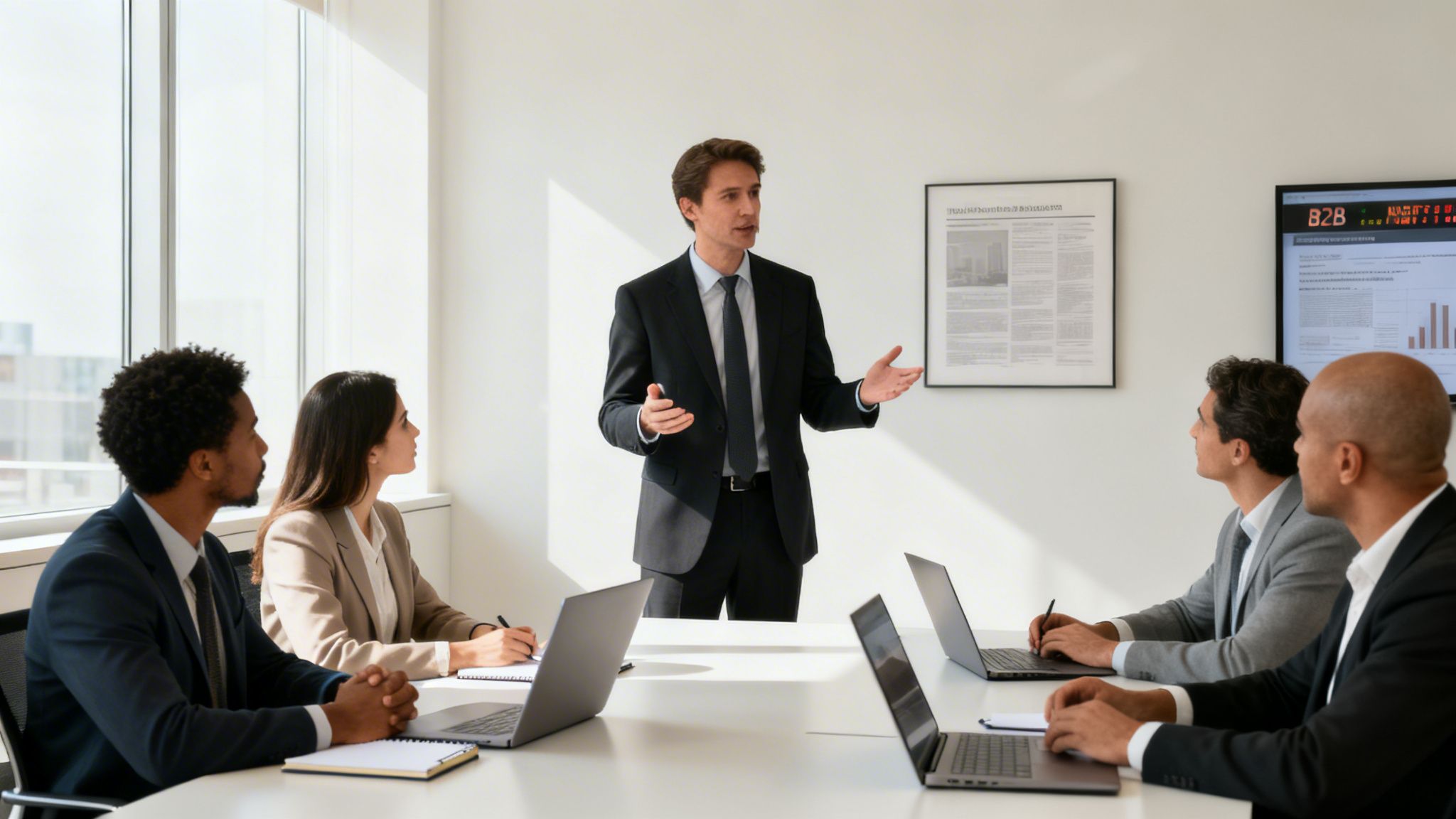 Man in suit presents to colleagues seated at a table with laptops in a bright meeting room.