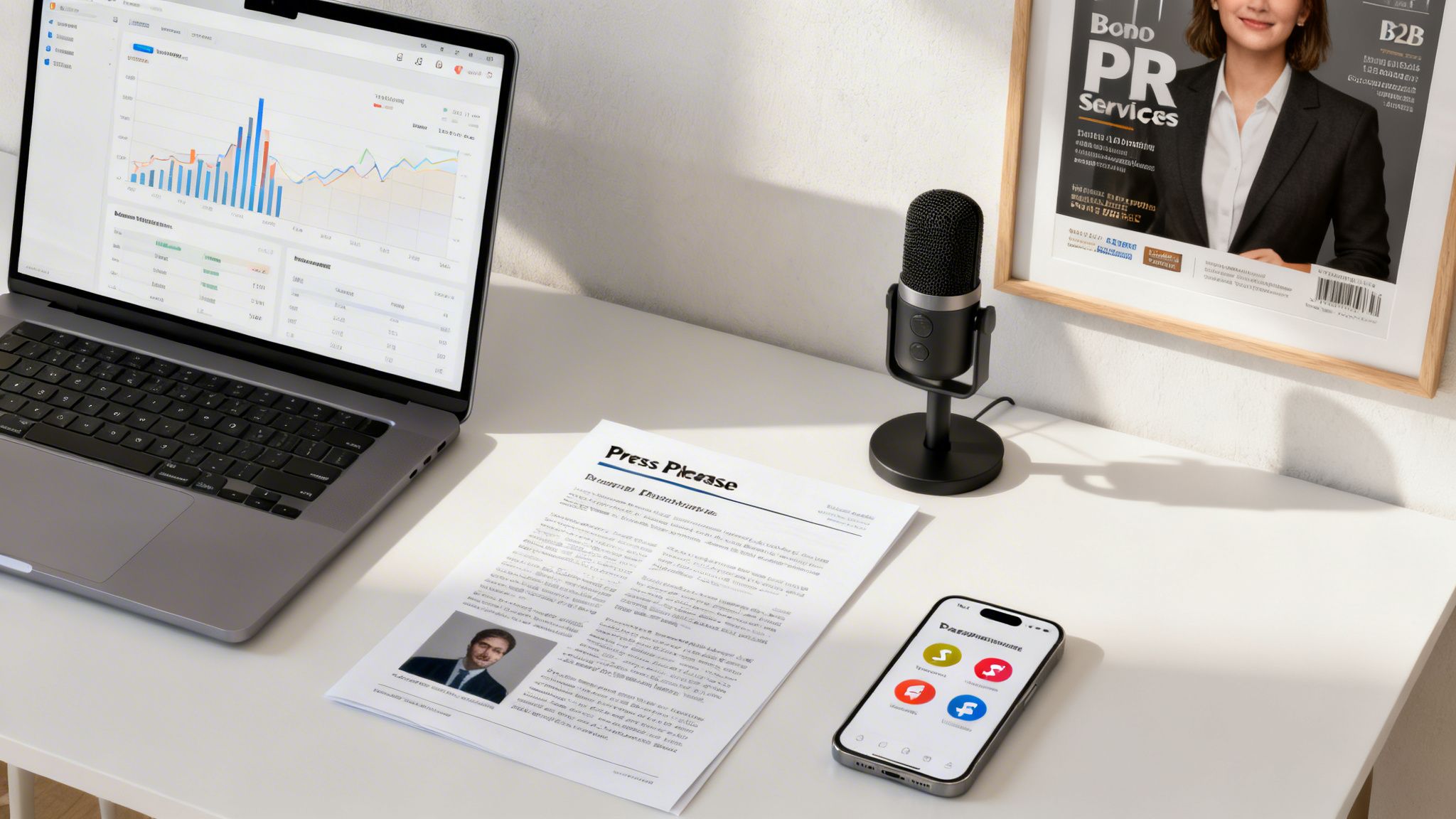 A clean white desk with a laptop displaying charts, a microphone, a press release document, an iPhone, and a framed PR magazine.