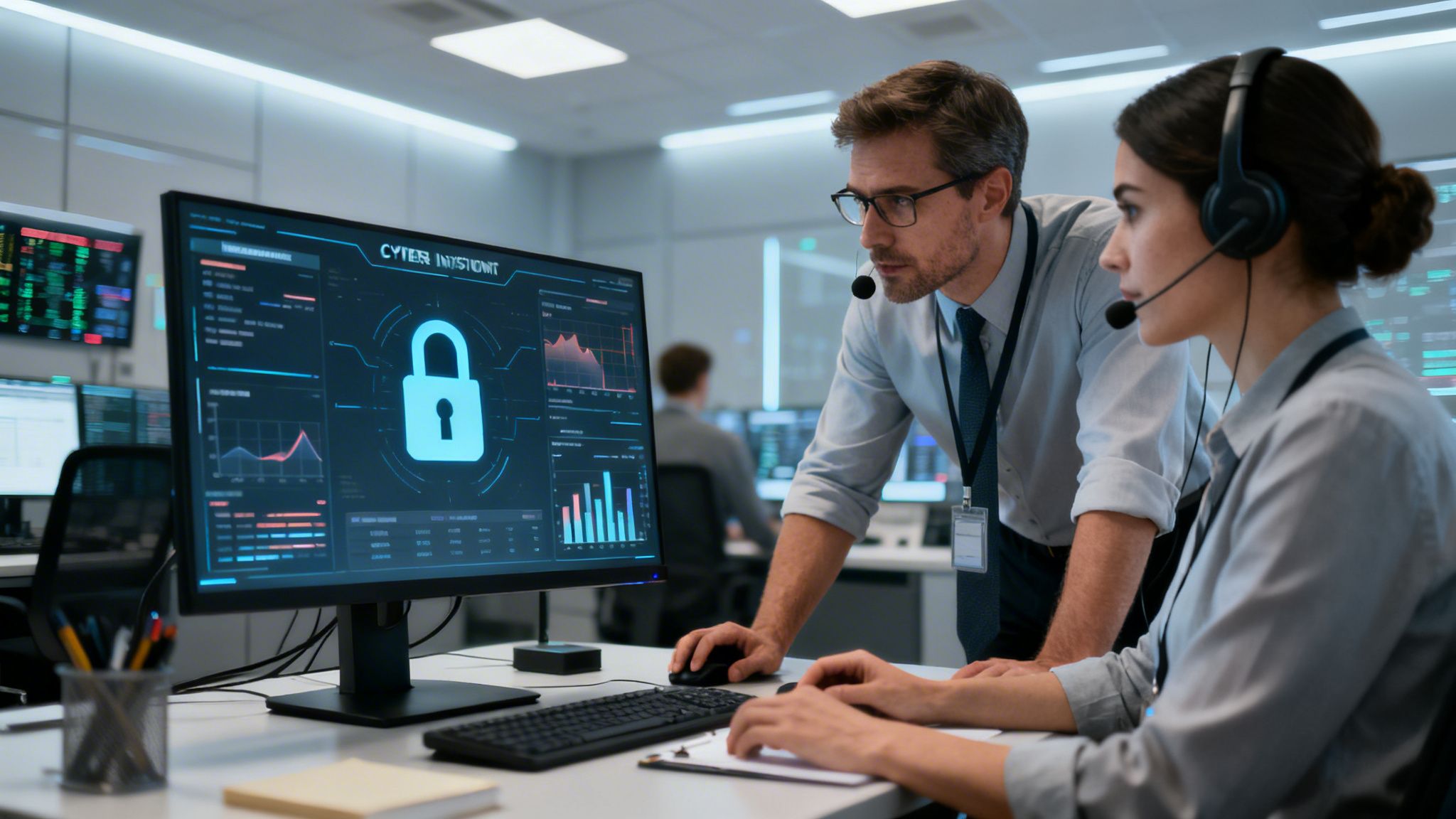 Two cybersecurity analysts, a man and a woman, monitoring a computer screen with a large padlock icon.
