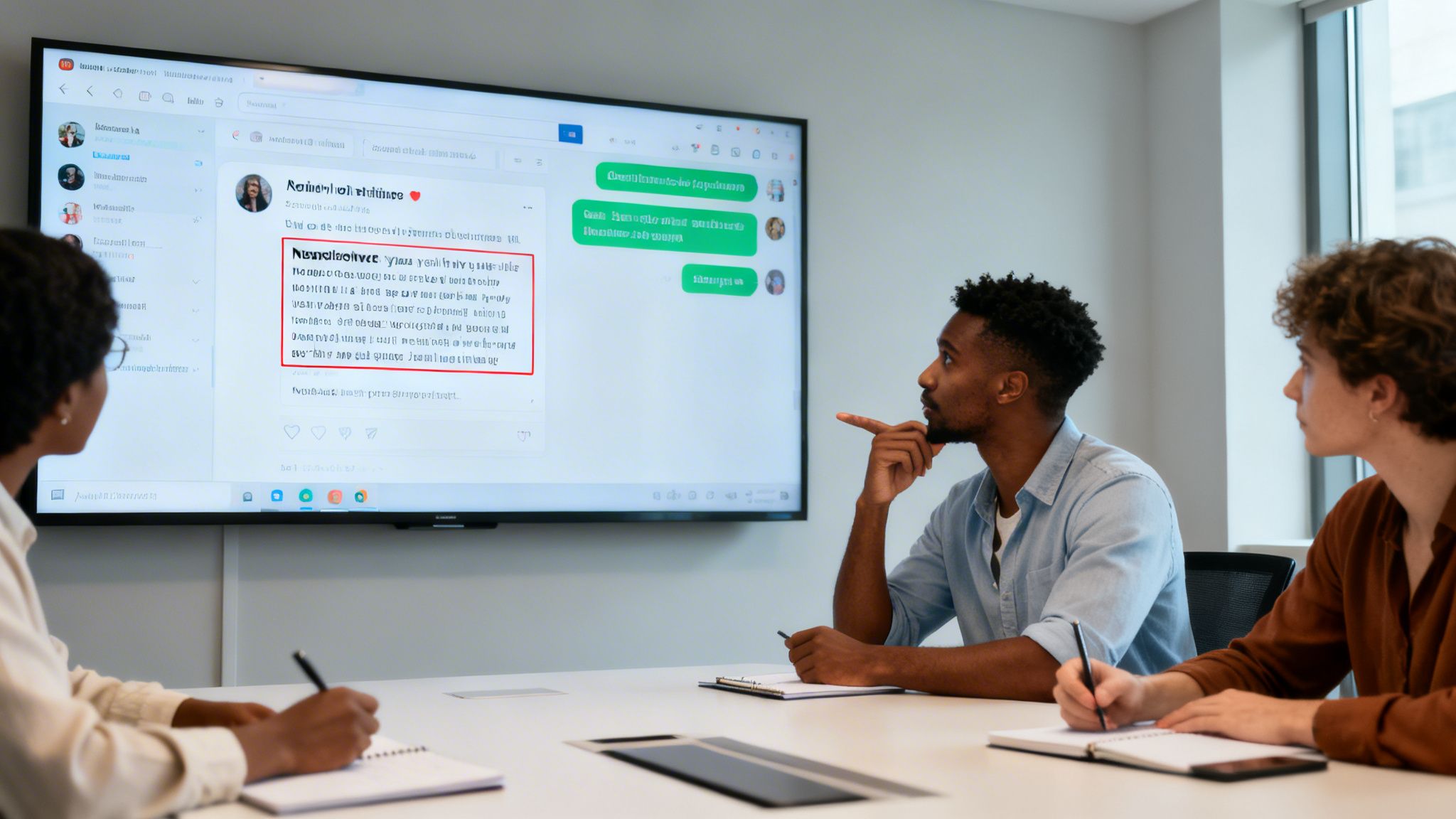 Three diverse professionals in a meeting room, analyzing a communication platform on a large screen.
