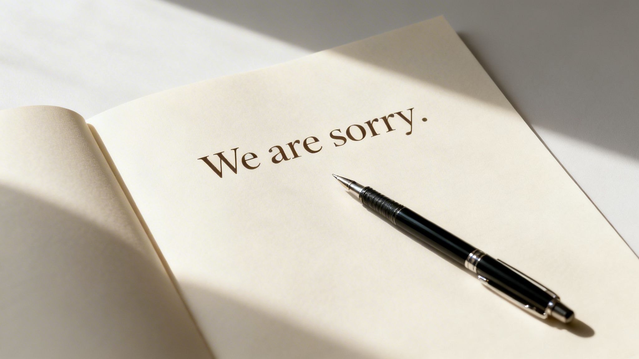 An open book displays 'We are sorry.' on a page, with a black and silver pen resting nearby.
