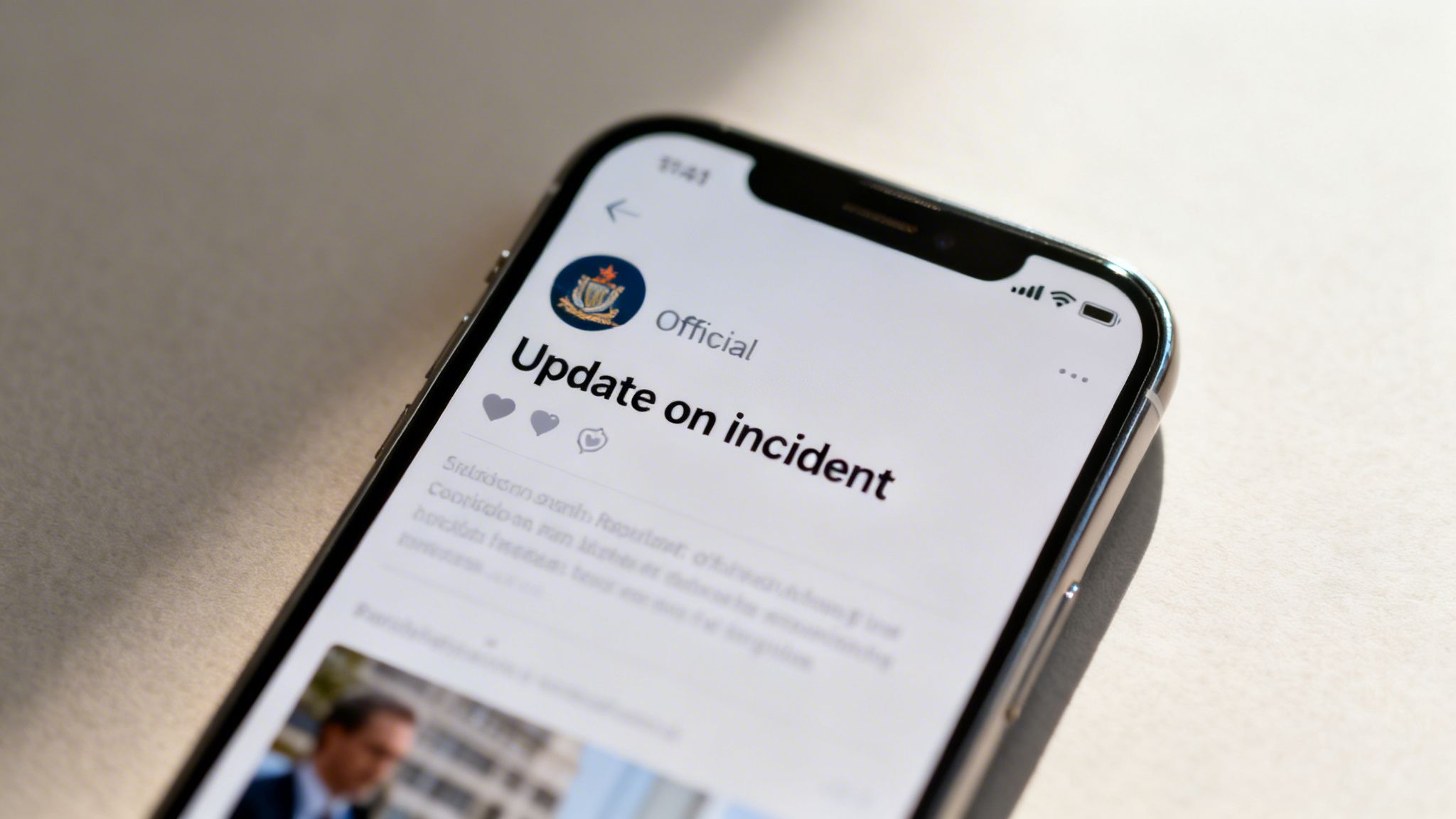 A smartphone displays an official app notification titled 'Update on incident' with a crest logo.