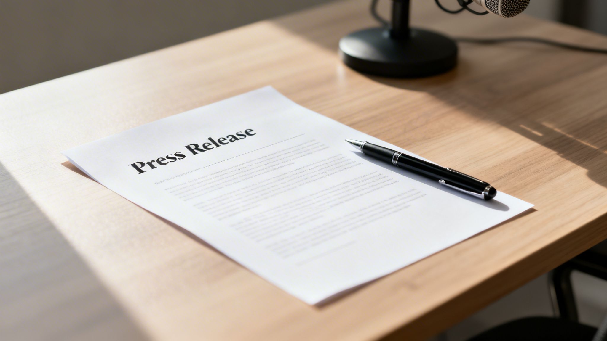 A press release document and a black pen are on a light wooden desk, with a microphone blurred in the background.