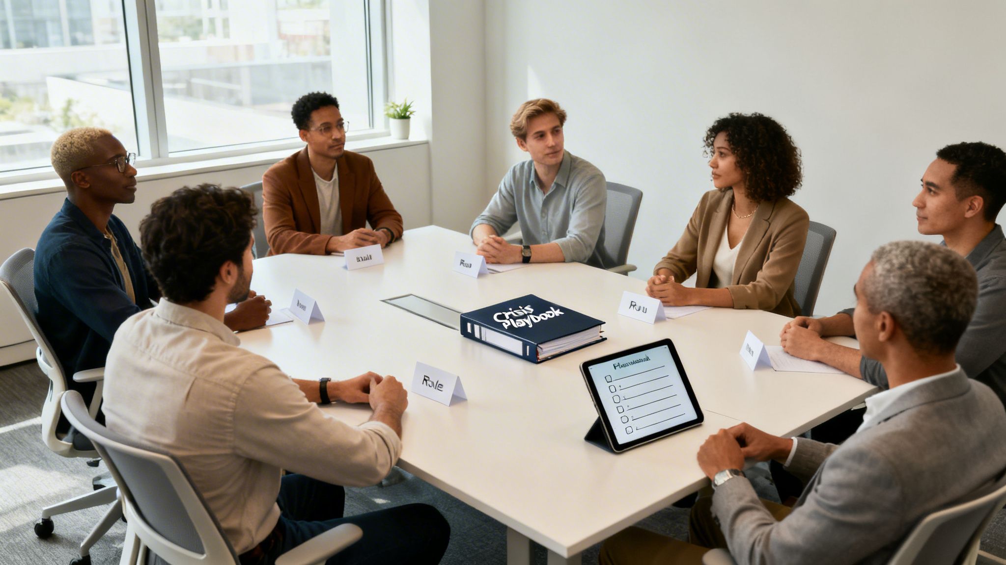 Diverse team discussing crisis management around a conference table with a "Crisis Playbook".