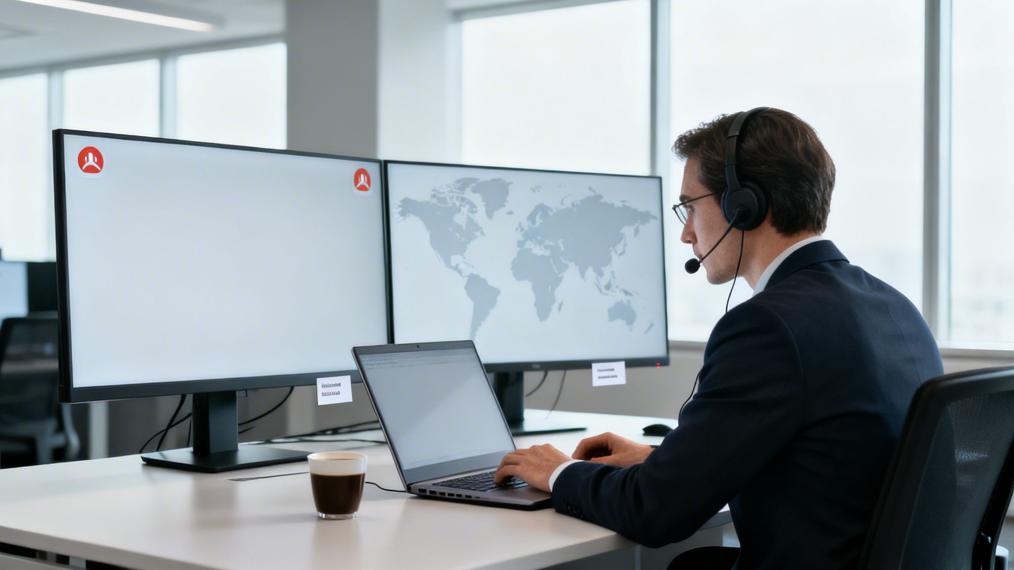 A man in a suit and headset works on a laptop with dual monitors showing a world map.