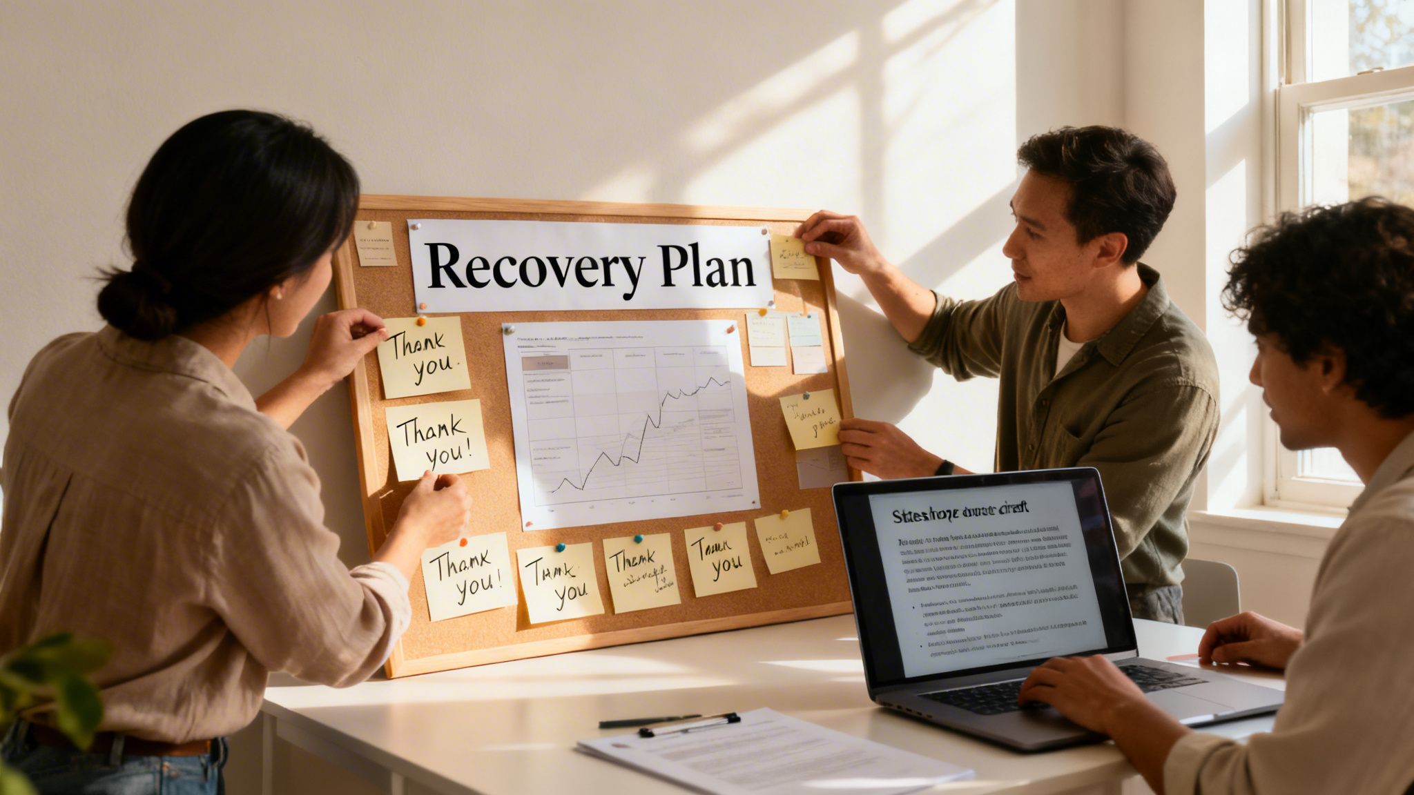 Three colleagues collaborate on a 'Recovery Plan' cork board, pinning notes and reviewing data.