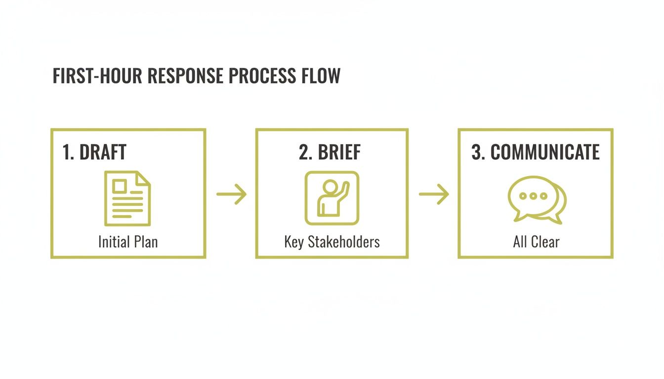 Flowchart illustrating a first-hour response process with three key steps: Draft, Brief, and Communicate.