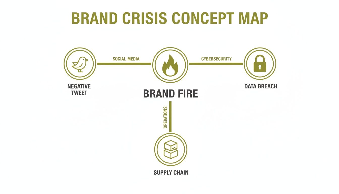 Brand Crisis Concept Map showing 'Brand Fire' caused by negative tweets, data breaches, and supply chain issues.