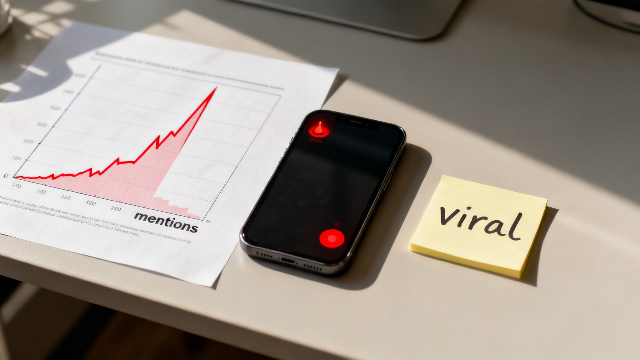 A desk with a graph showing increasing mentions, a smartphone with red glows, and a 'viral' sticky note.