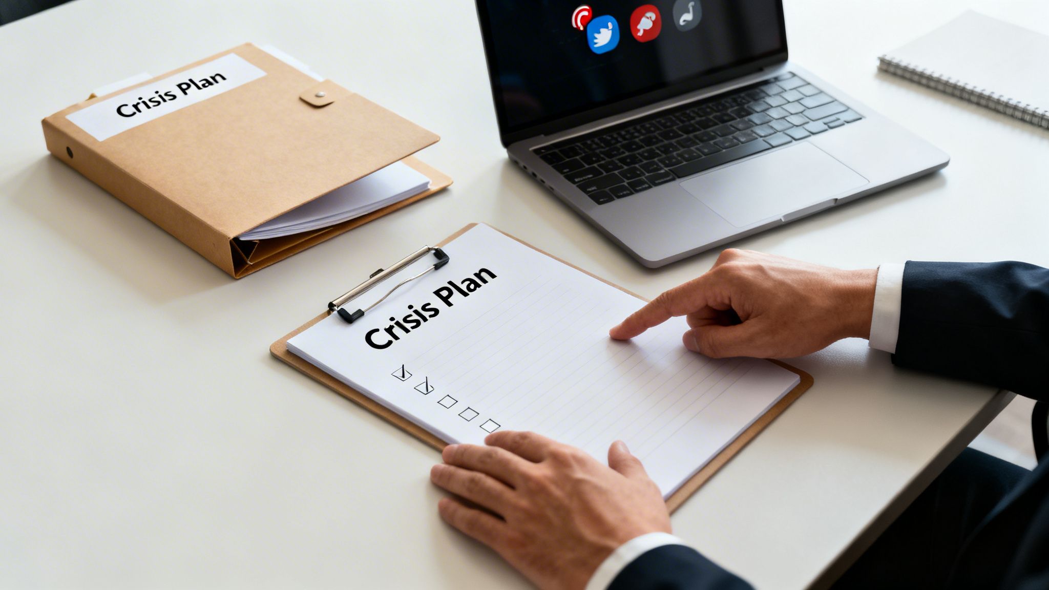 A businessman reviews a 'Crisis Plan' checklist on a clipboard with a laptop and 'Crisis Plan' folder nearby.