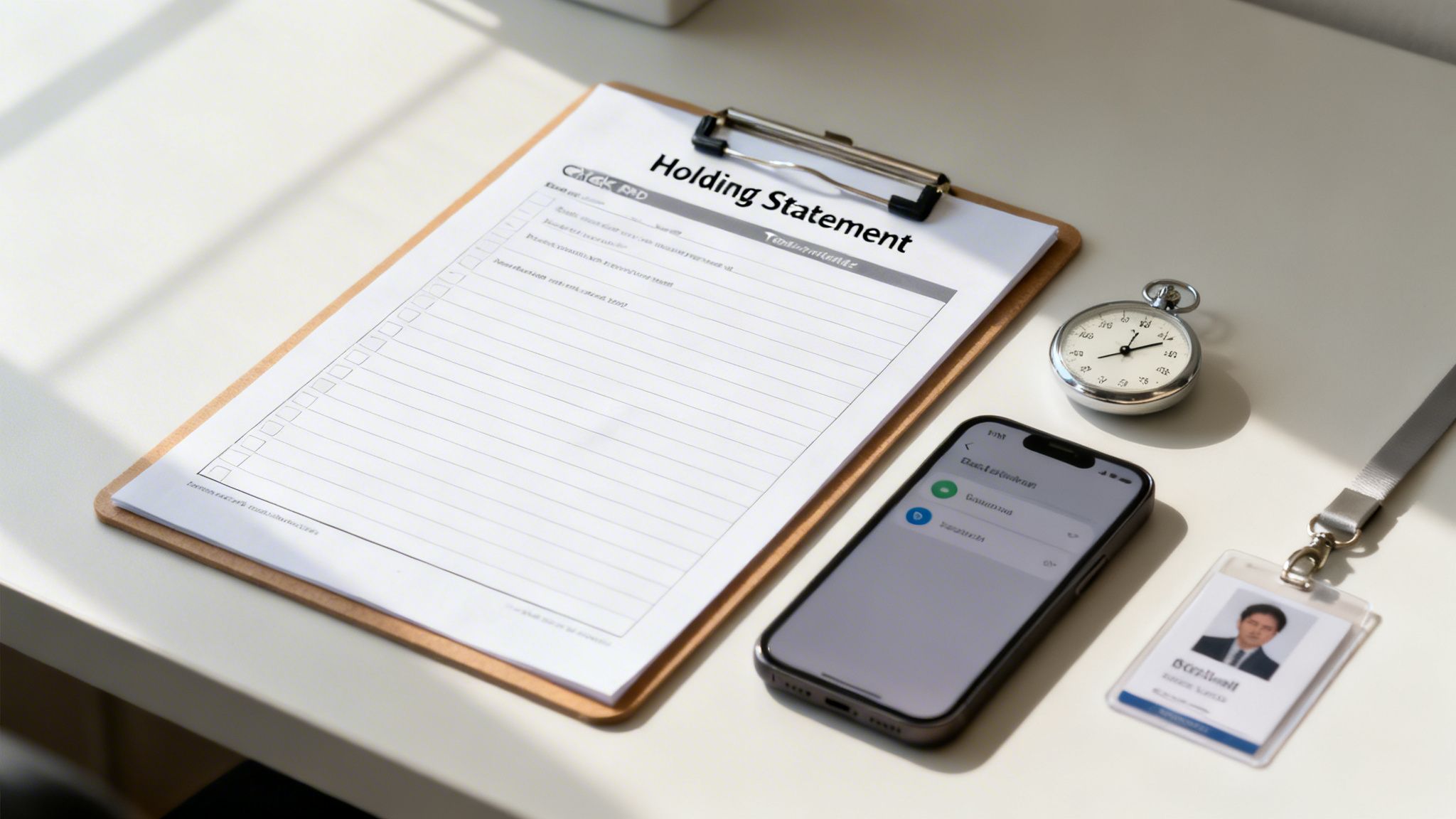 A desktop with a 'Holding Statement' document, smartphone, stopwatch, and ID badge for crisis communication.