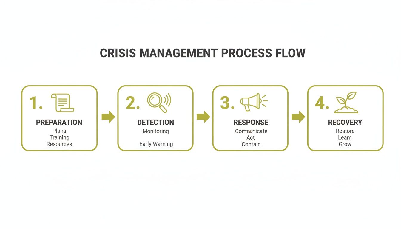 A crisis management process flow diagram showing four steps: preparation, detection, response, and recovery.