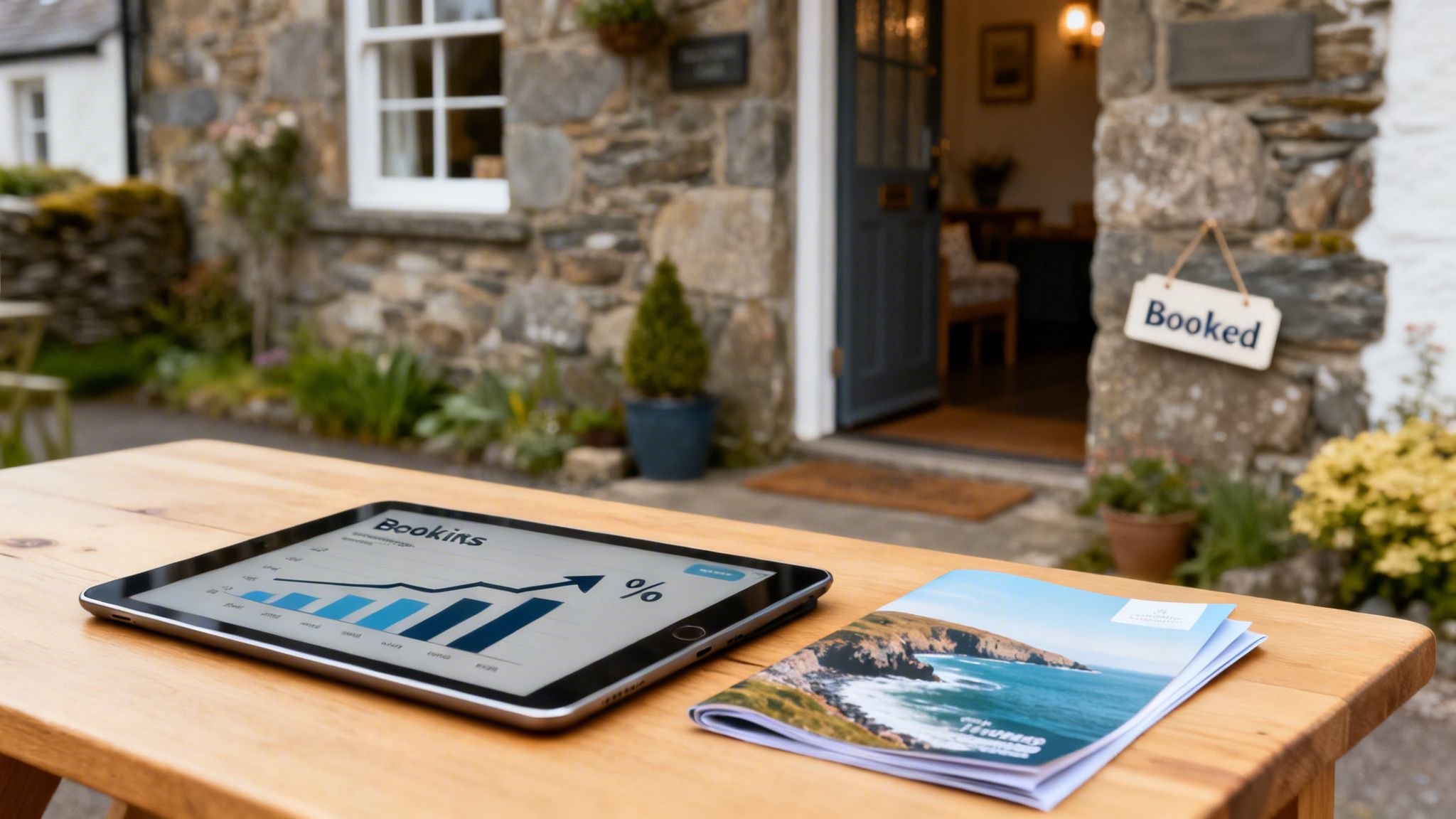 A digital tablet displays booking statistics on a wooden table in front of a guesthouse with a "Booked" sign.
