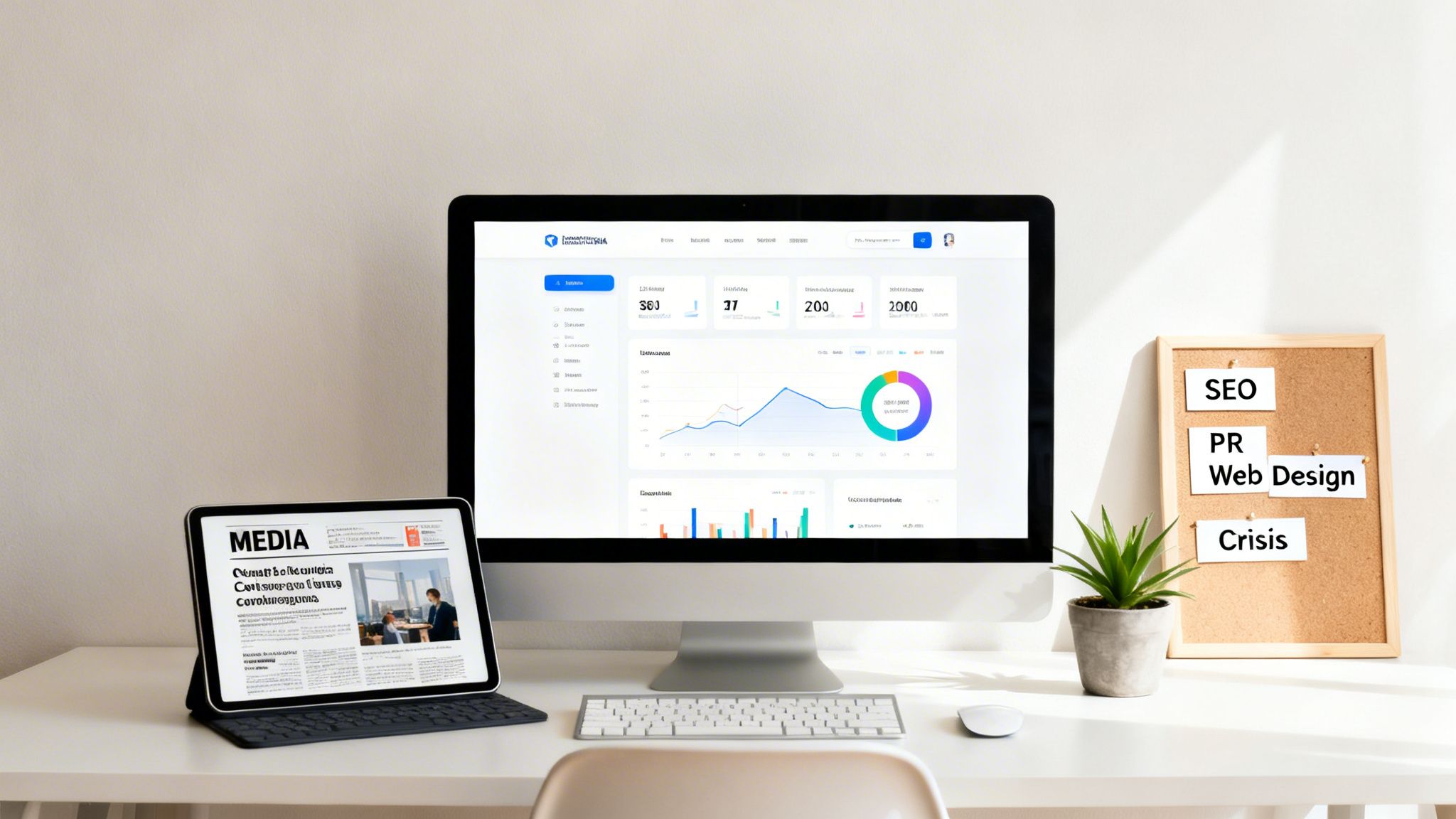 A modern desk setup with a computer showing a digital marketing dashboard, a tablet, and a corkboard.