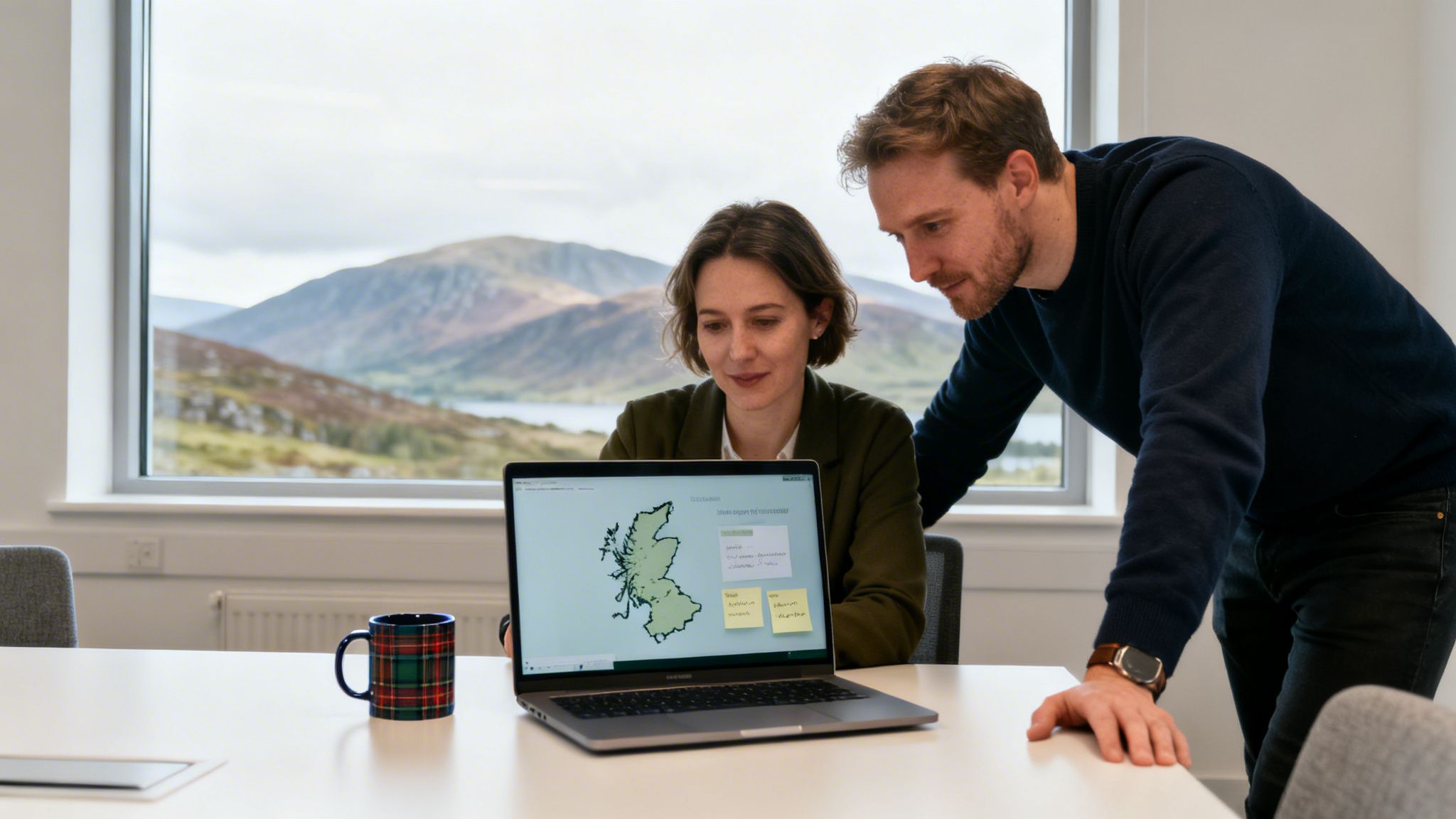 Two colleagues analyze data on a laptop showing a Scotland map in a modern office with a scenic mountain view.