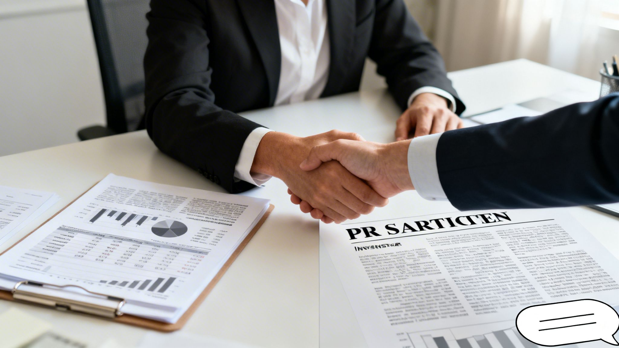 Two business people shaking hands over a desk with financial documents during a meeting.