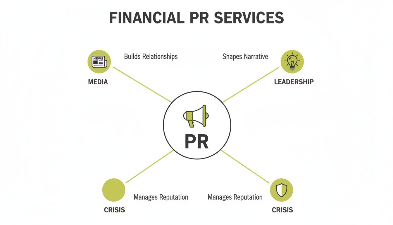 Diagram illustrating financial PR services, showing how PR builds relationships, shapes narratives, and manages reputation.
