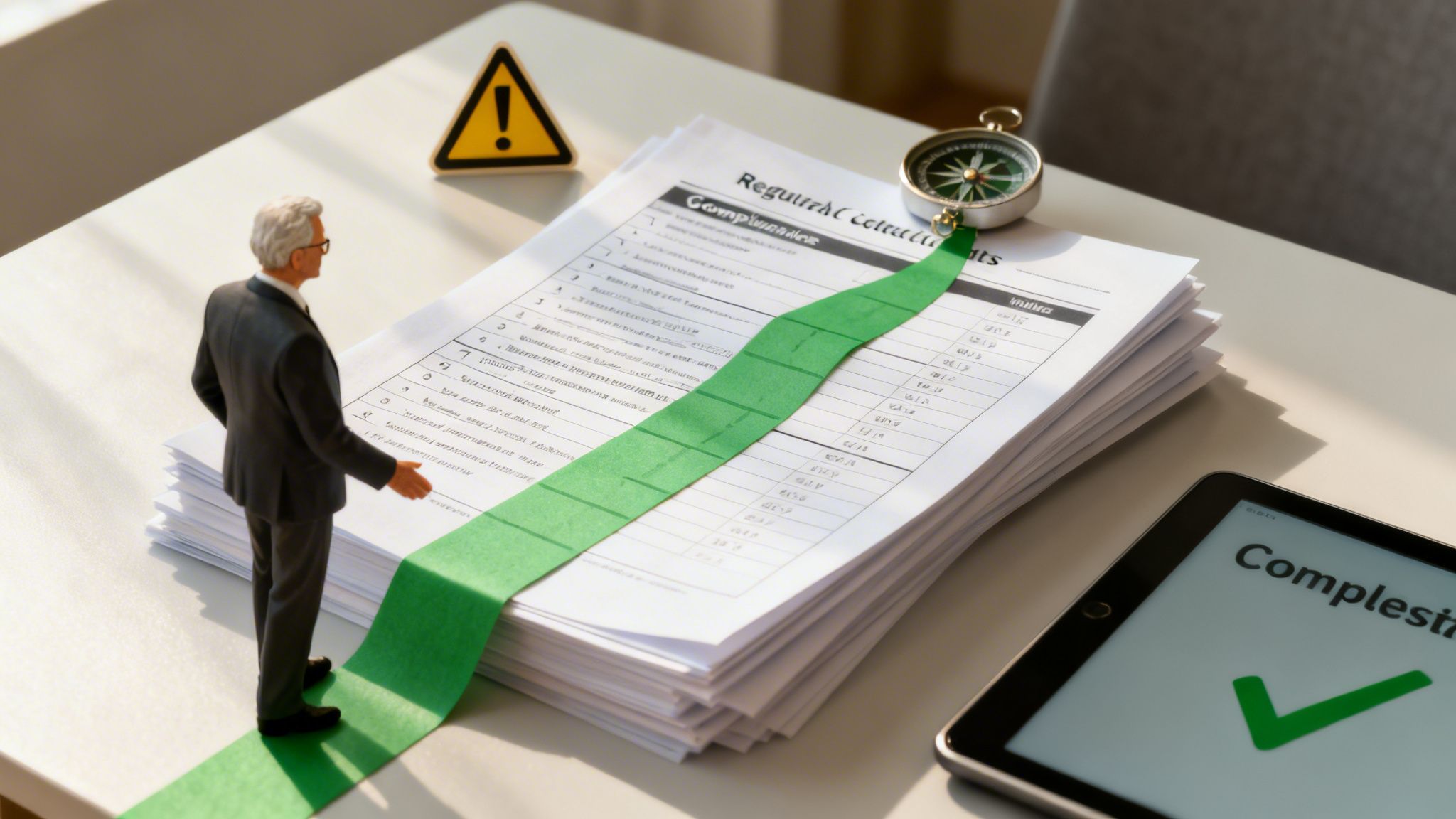 Miniature businessman on a green path over documents, with a compass, warning sign, and tablet showing completion.