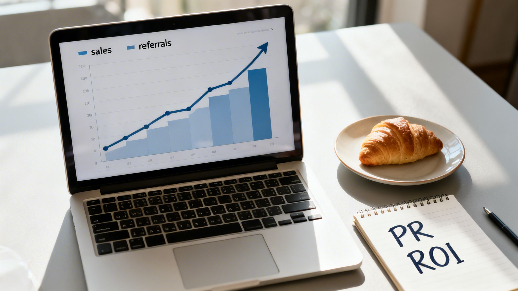 A laptop displaying a sales and referrals growth graph, a croissant, and a notebook titled PR ROI.