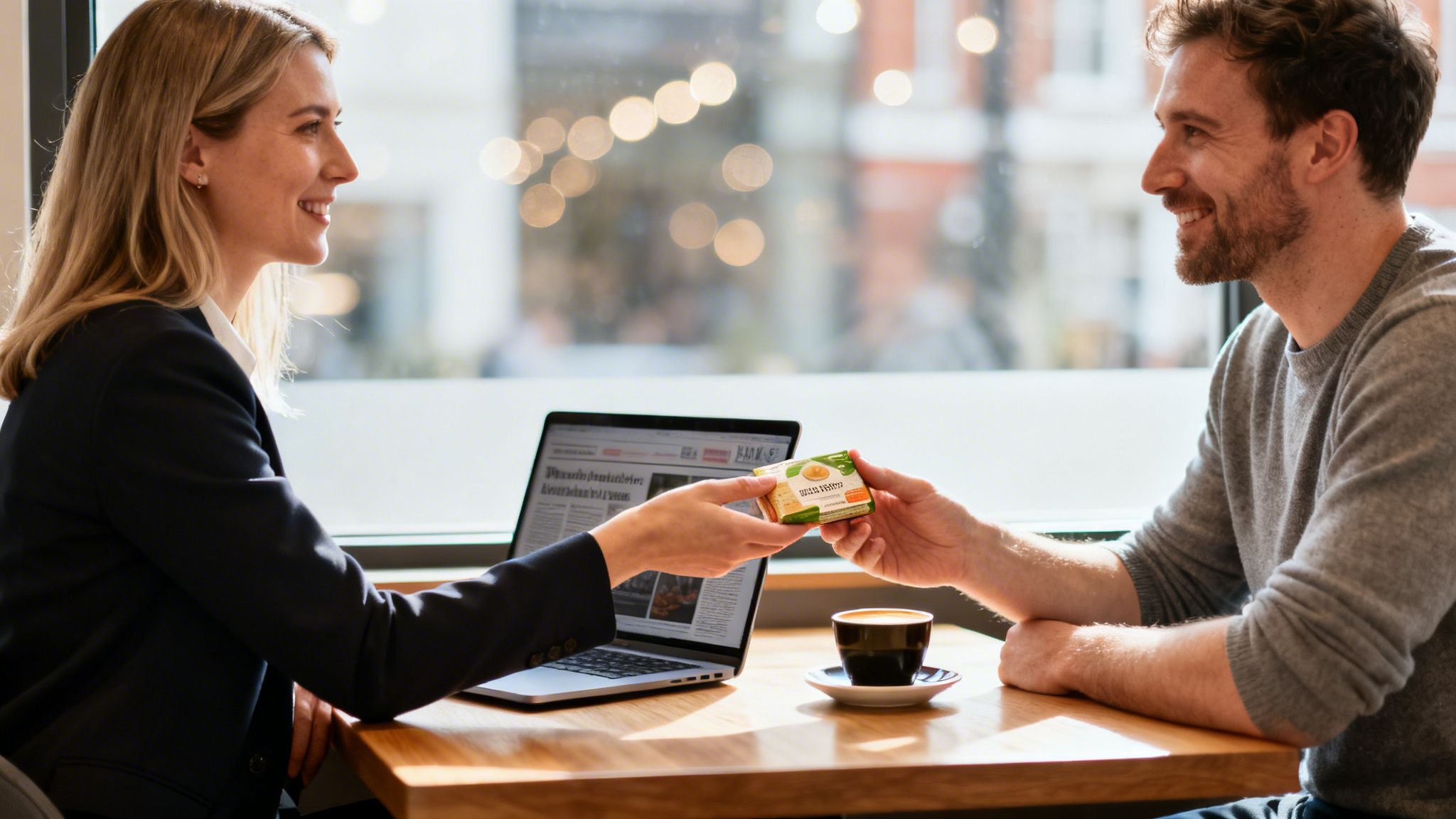 A smiling businesswoman hands a food product sample to a male client in a cafe setting.