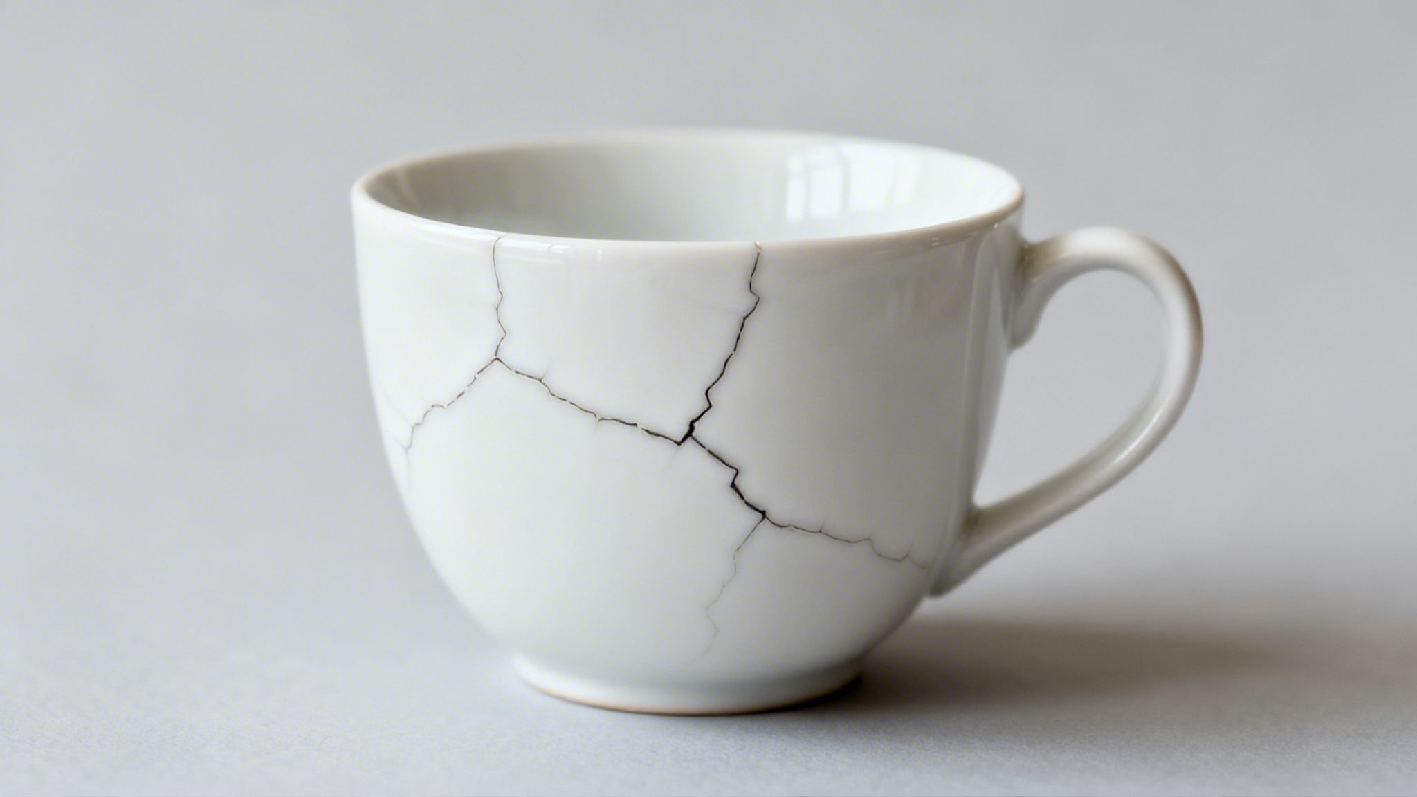 A white ceramic cup with a handle displays prominent dark cracks on its surface, set against a light background.