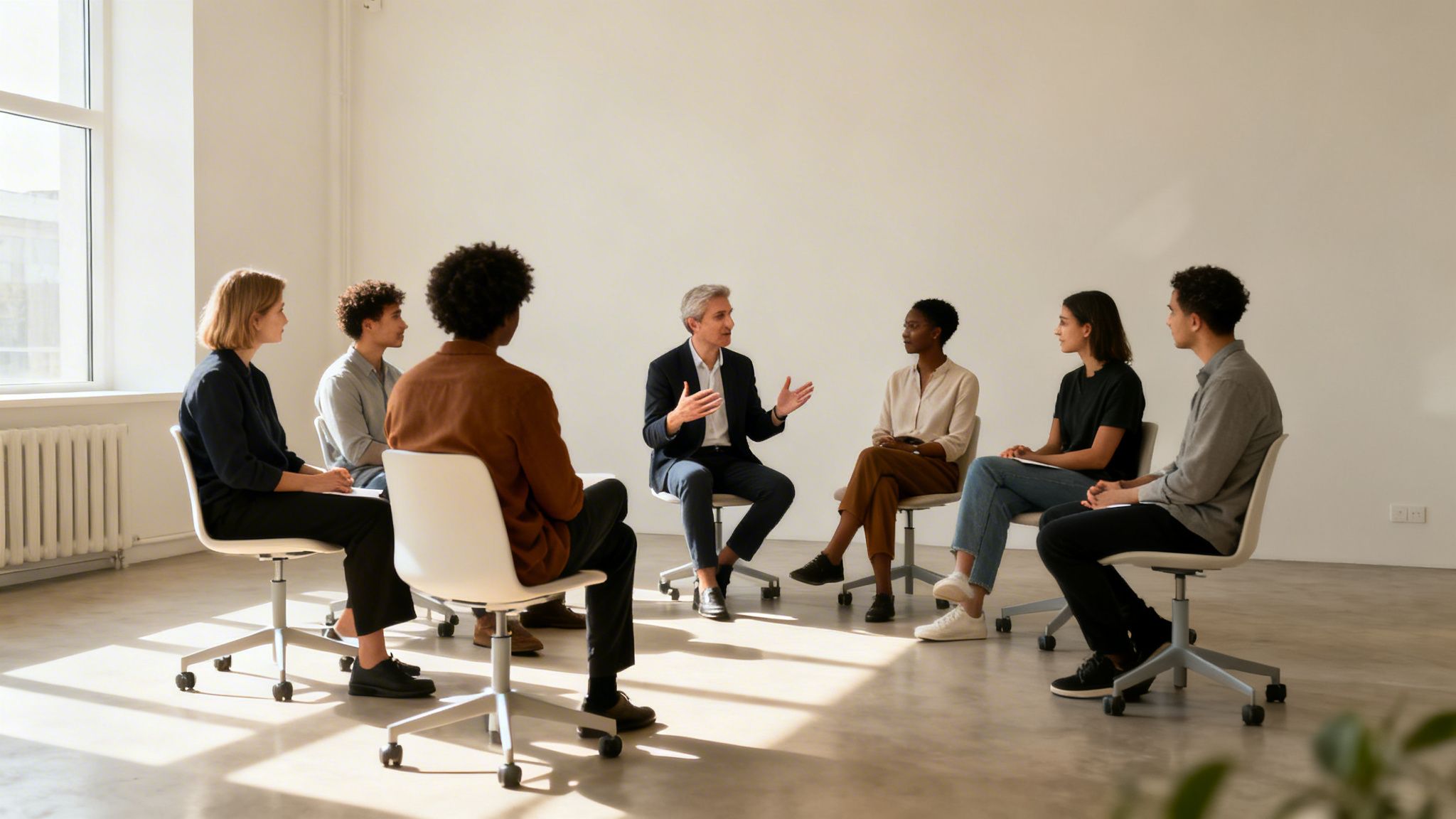 Diverse group of adults in a bright room, seated in a circle, listening to a speaker.