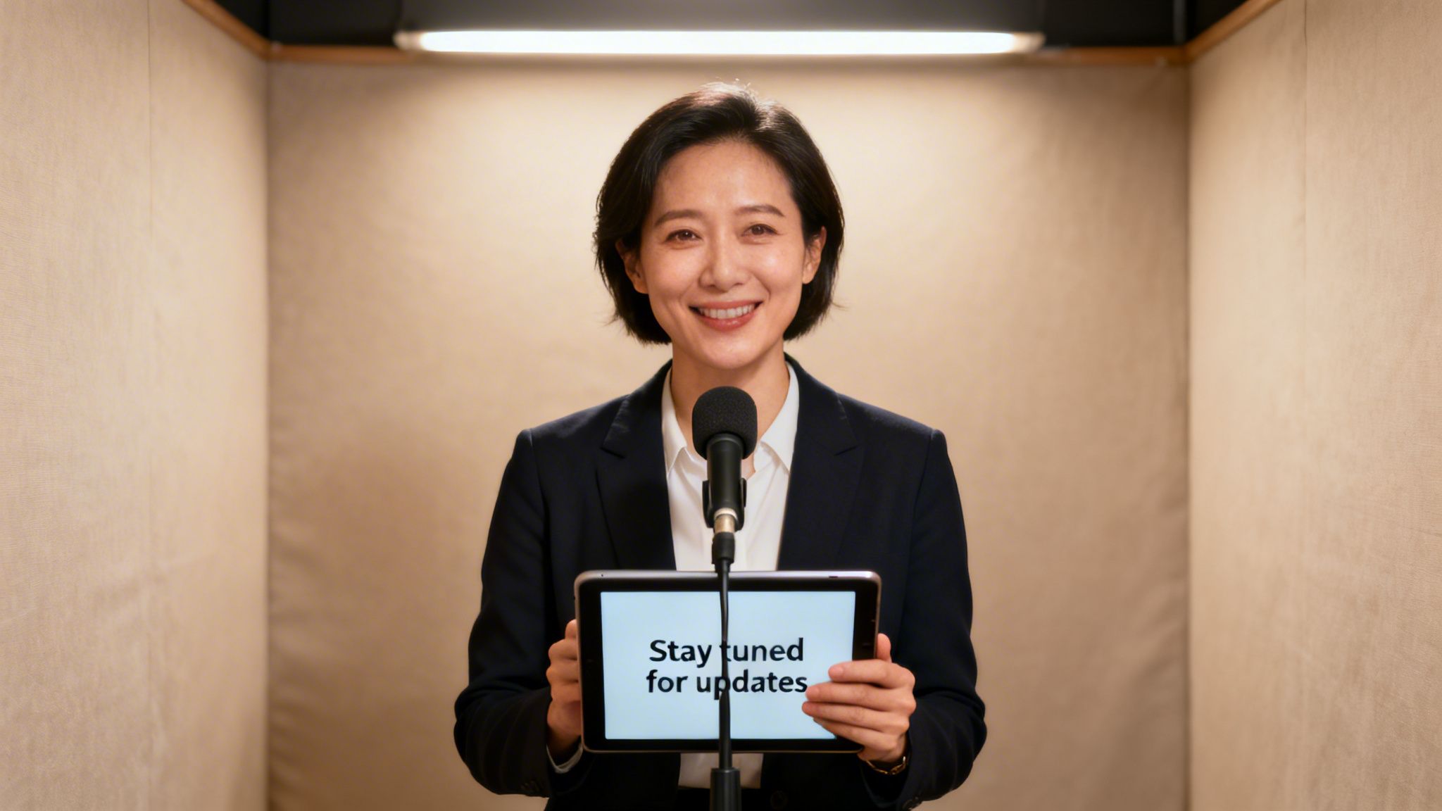 A smiling woman in a suit holds a tablet displaying 'Stay tuned for updates' in a studio.