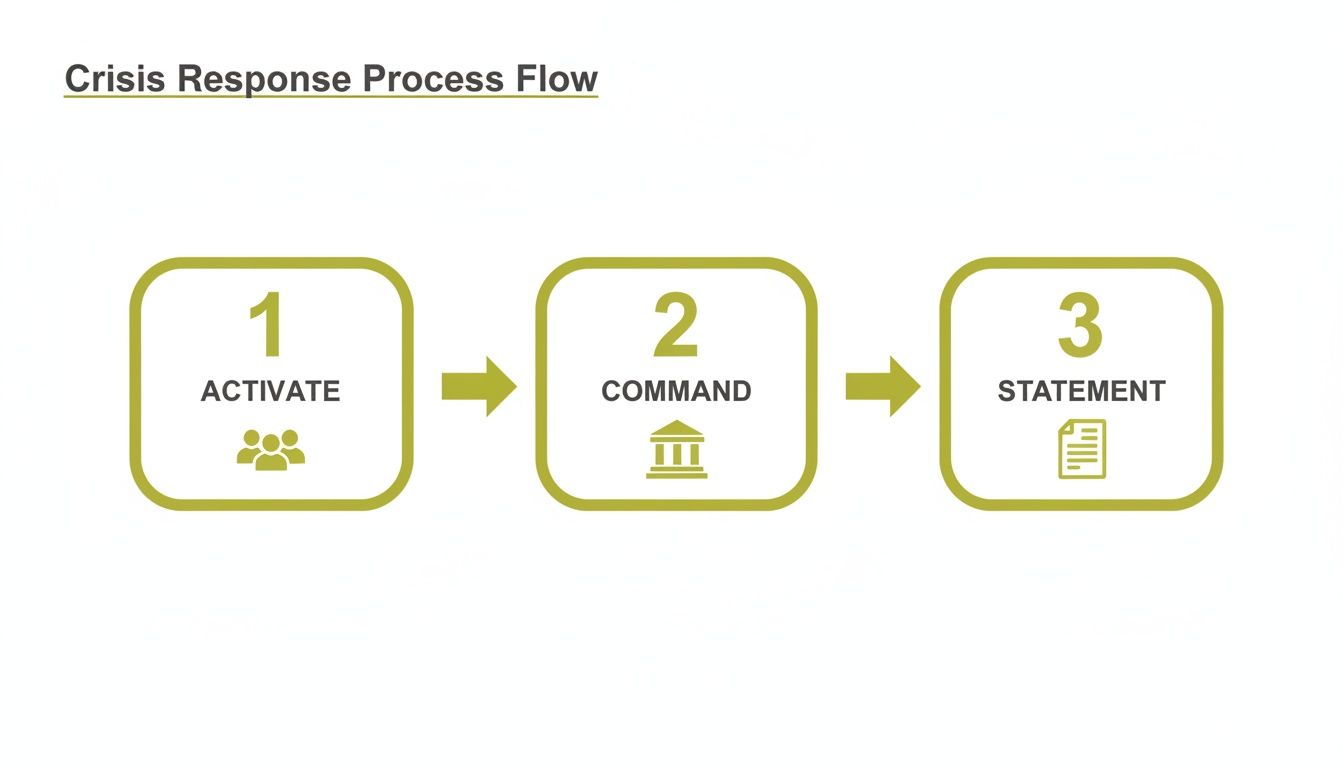 Crisis response process flow diagram with three steps: 1 Activate, 2 Command, 3 Statement.