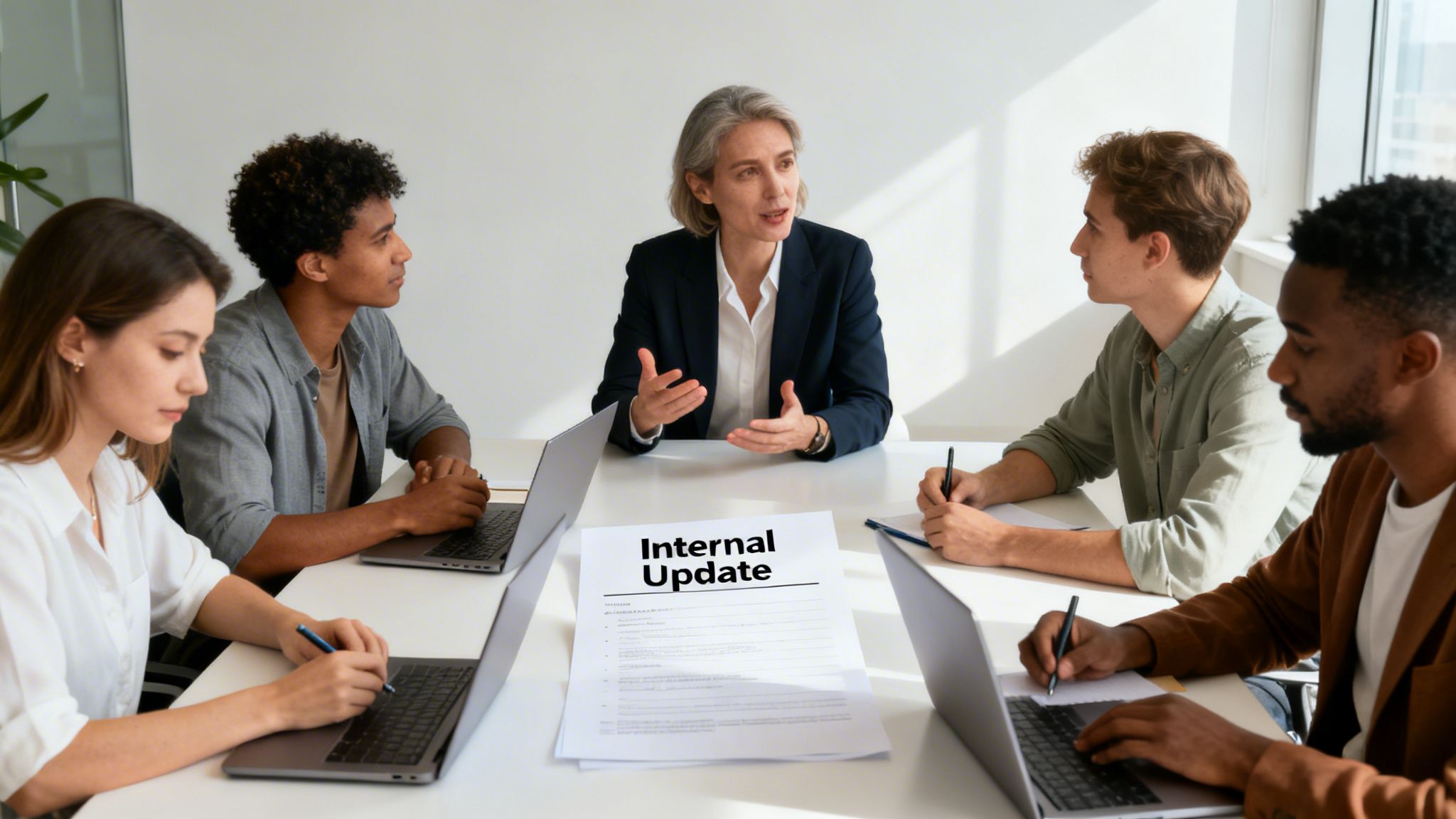 A diverse business team collaborates on an internal update in a bright, modern meeting room.