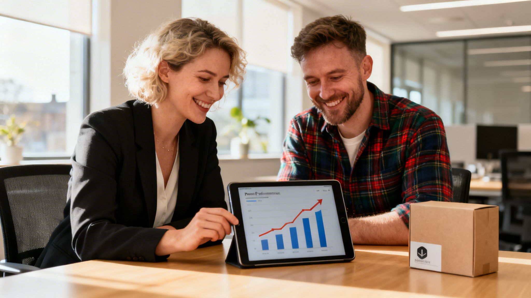 Two smiling business people looking at a tablet displaying a growth chart.