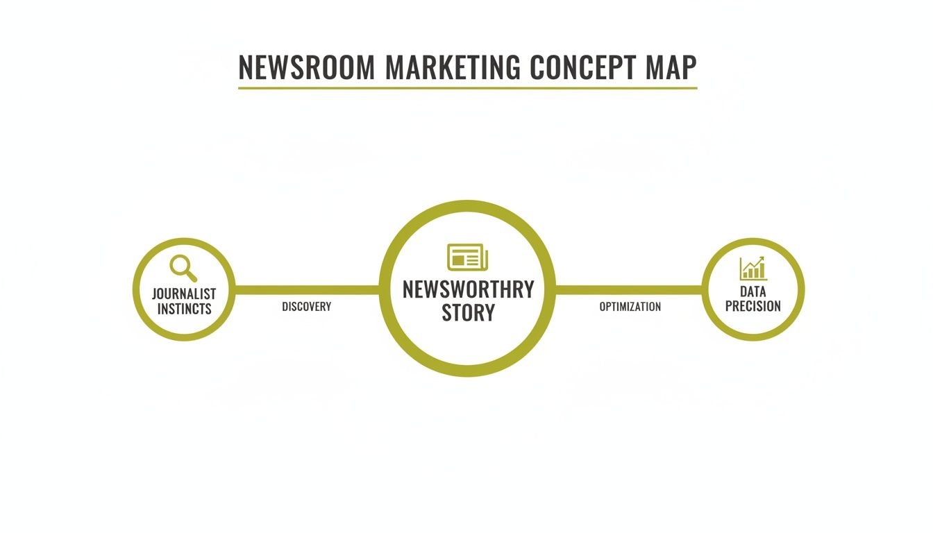 Newsroom marketing concept map showing a process from journalist instincts to data precision.