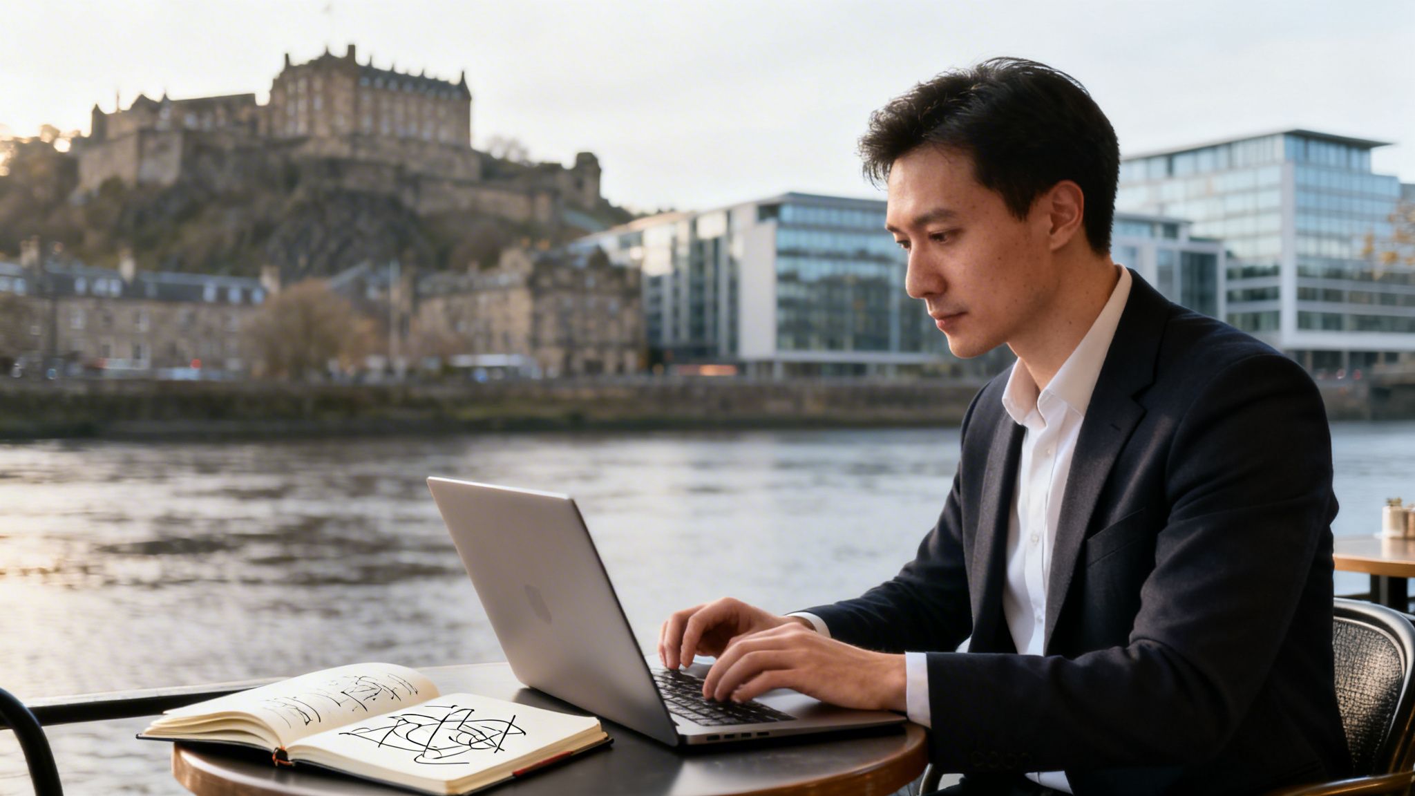 A man in a suit working on a laptop outdoors, with Edinburgh Castle and a river in the background.