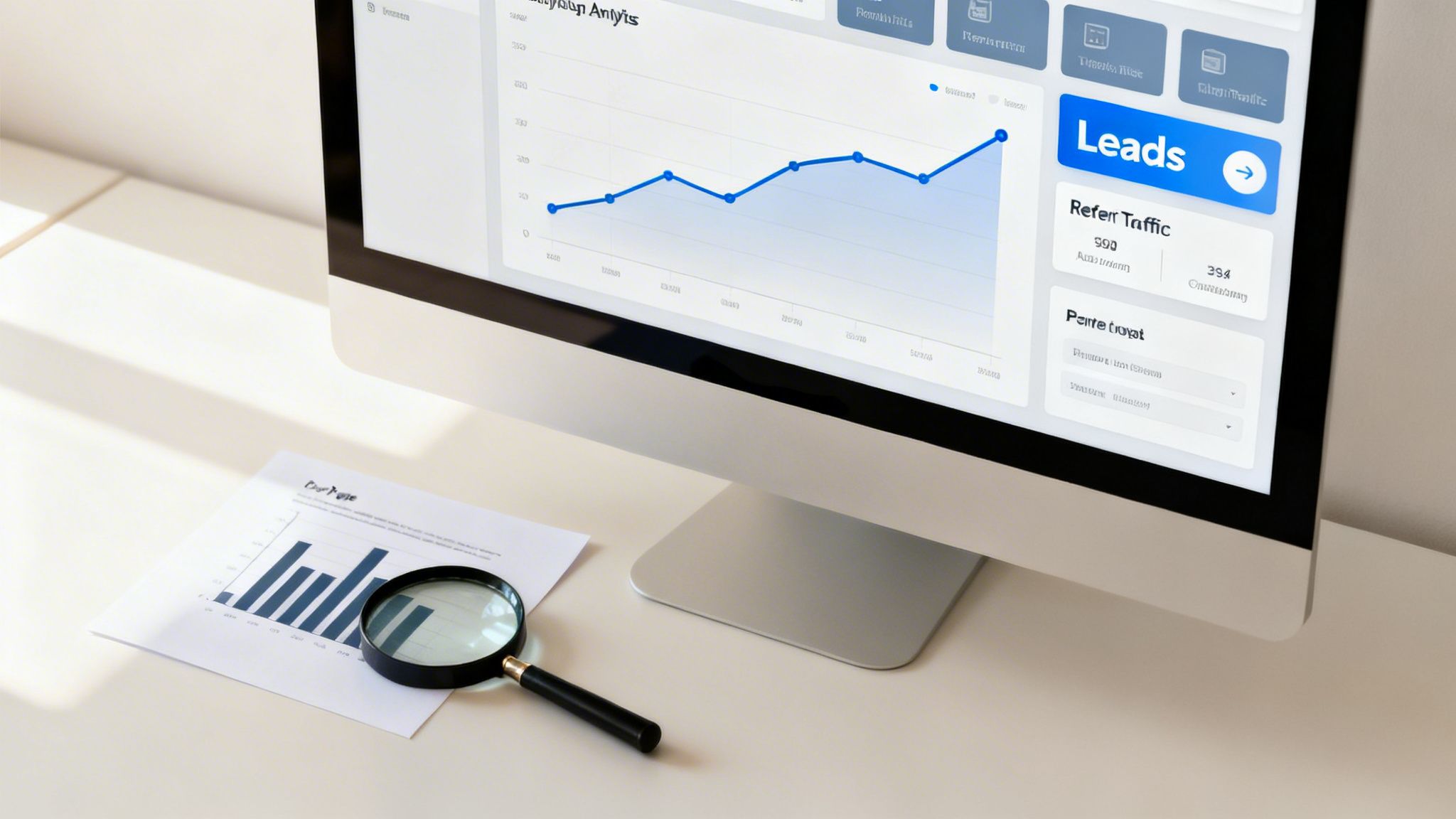 A computer screen displays a marketing analytics dashboard with charts, data, and lead metrics. A magnifying glass rests on a paper with a bar chart.