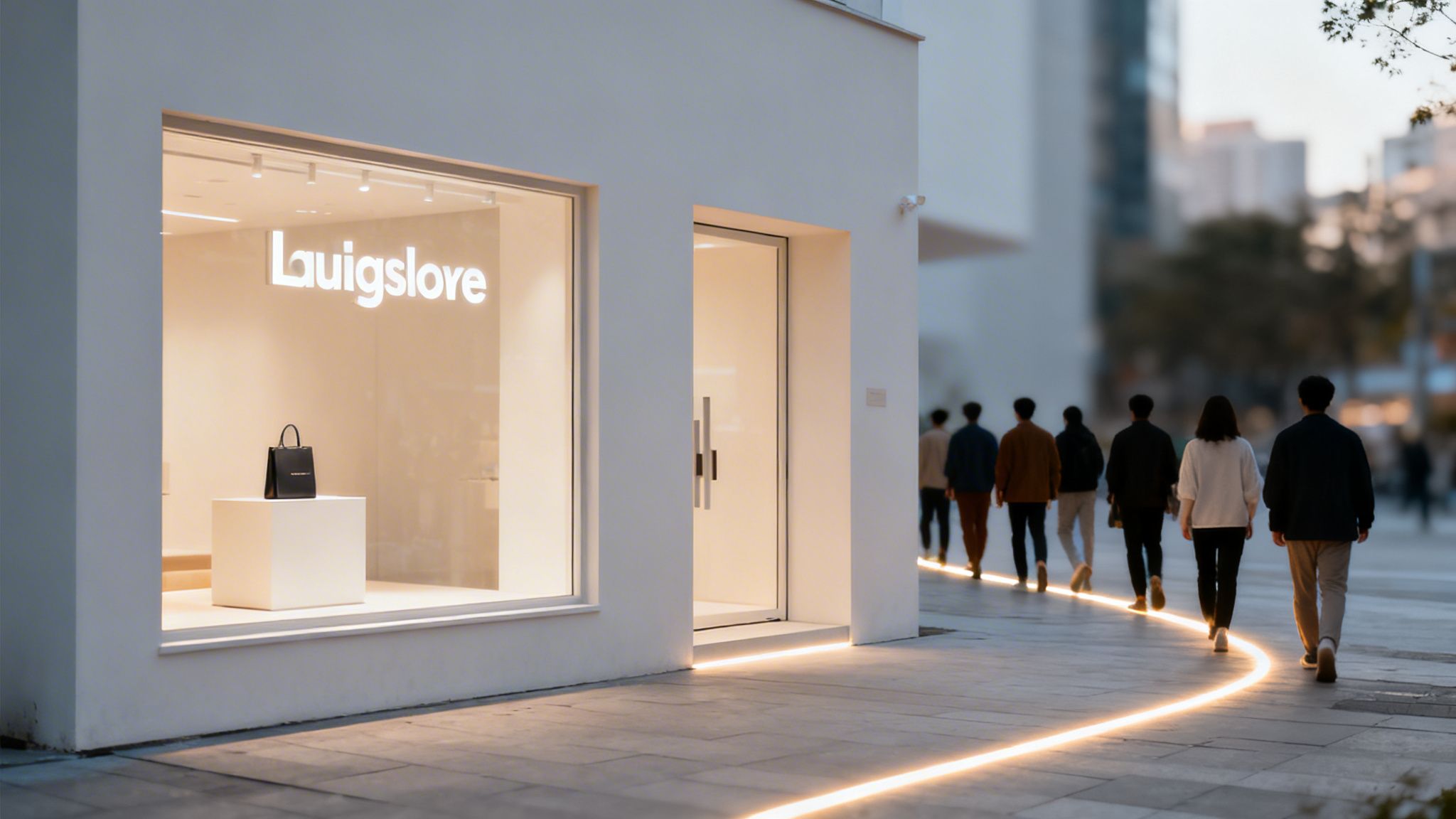 Modern white store with 'Lauigslove' sign, displaying a black handbag, as people walk along a glowing path.