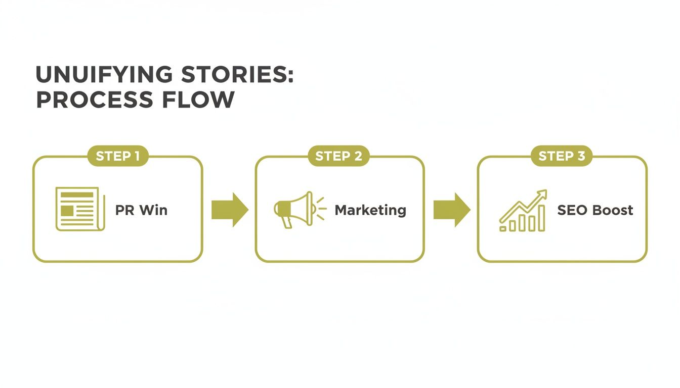 Flowchart illustrating the Unifying Stories process flow, featuring steps for PR Win, Marketing, and SEO Boost.