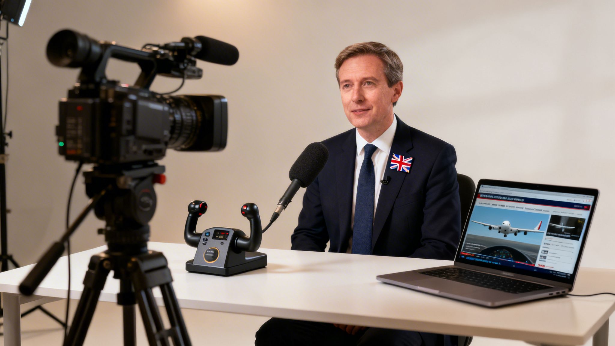 A man in a suit with a Union Jack pin is filmed, with a flight simulator yoke and laptop on a white table.