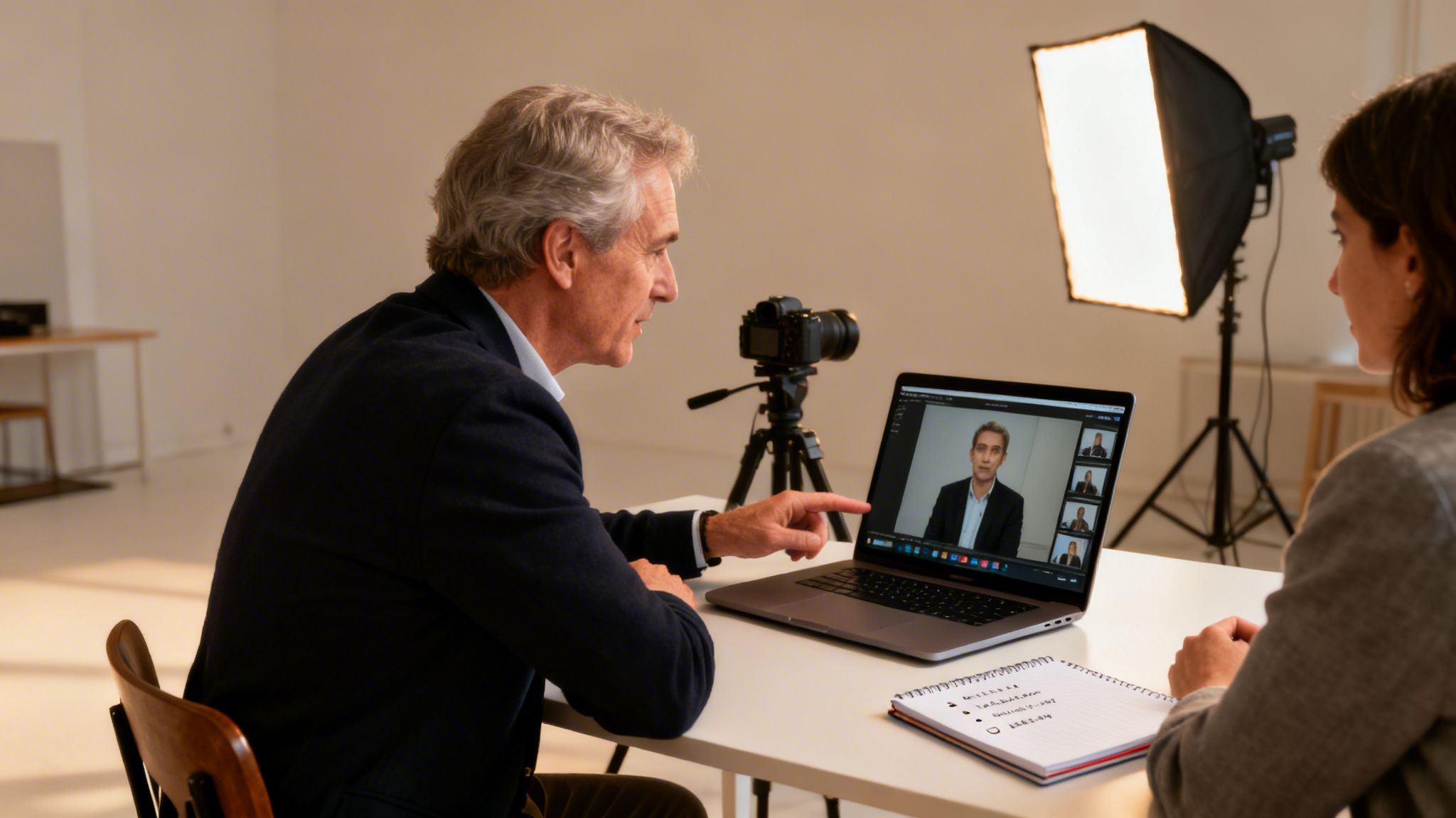 Two professionals review video content on a laptop in a studio setting, likely for media training.