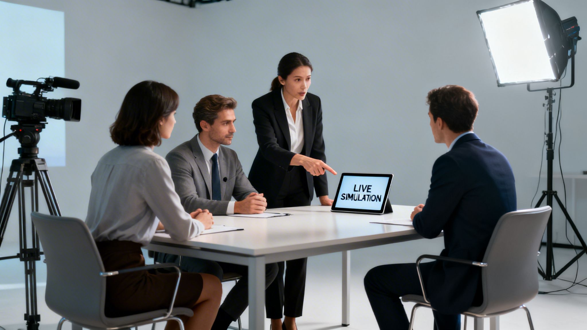 A woman points at a tablet displaying 'LIVE SIMULATION' during a media training session.
