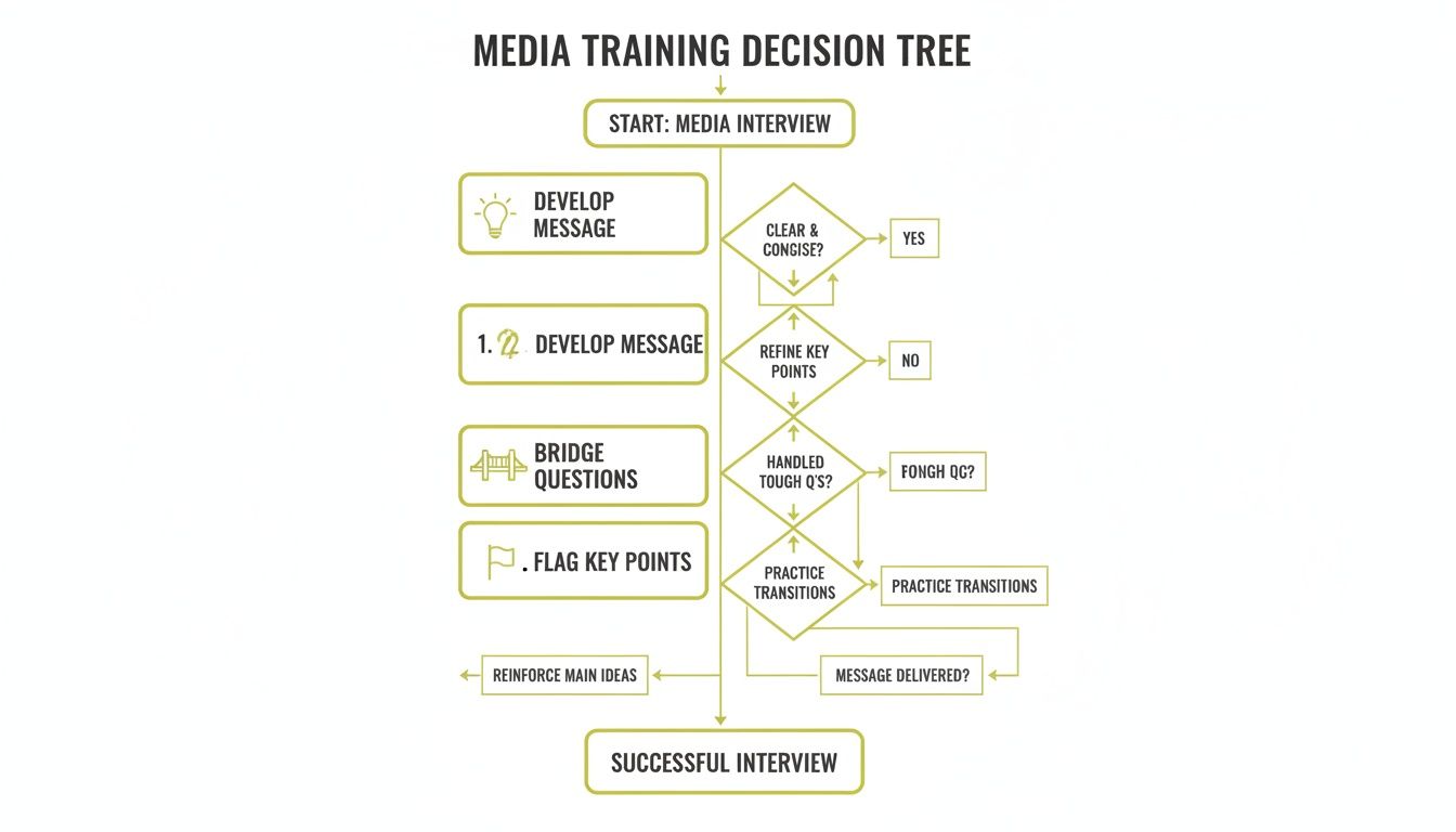 Flowchart illustrating a media training decision tree for a successful interview process.