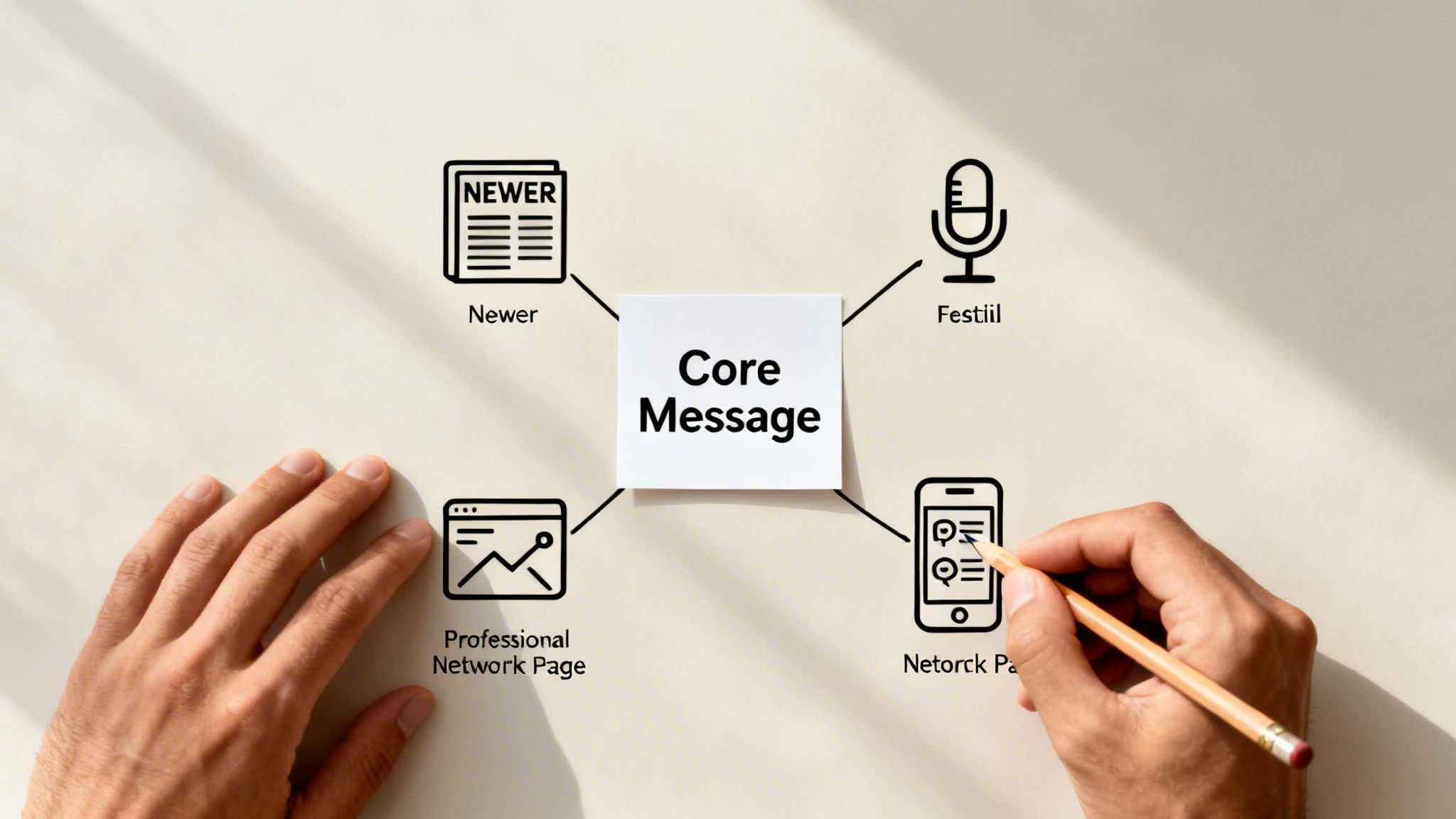 A diagram showing a 'Core Message' connected to news, podcasts, professional network, and social media, with hands.