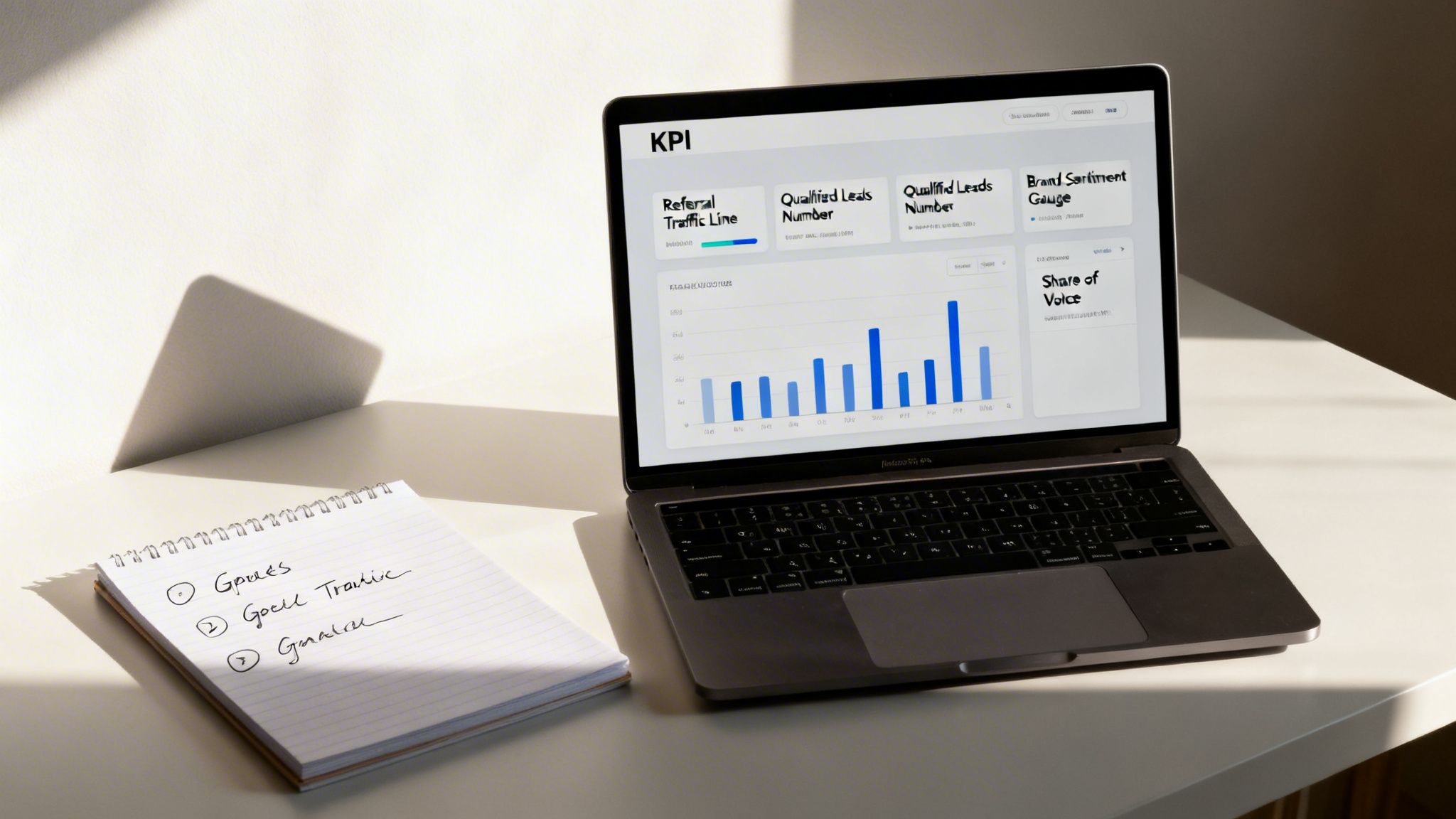 A laptop on a white desk displays a KPI dashboard next to a notebook with goals written on it.