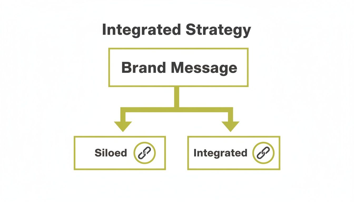 A flowchart for integrated strategy showing brand message branching into siloed and integrated approaches with chain link icons.