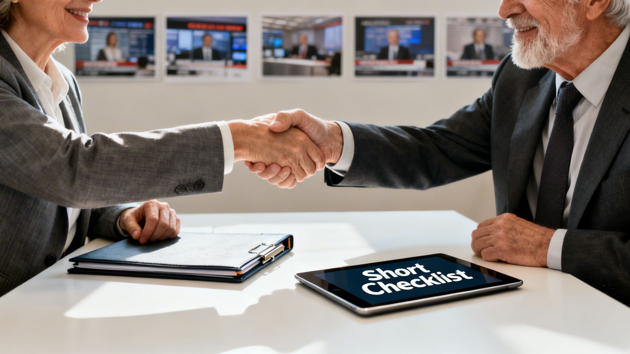 Two senior business professionals shaking hands over a table with a tablet displaying 'Short Checklist'.