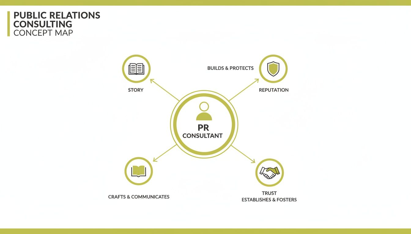 A concept map showing a PR consultant's role in building reputation, crafting stories, and fostering trust.