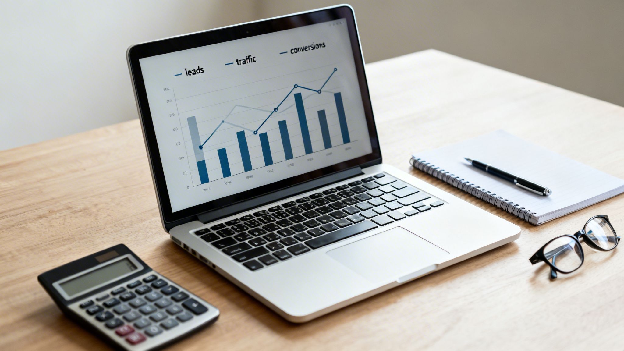Laptop on a wooden desk displaying a digital marketing performance graph with a calculator, notebook, and glasses.