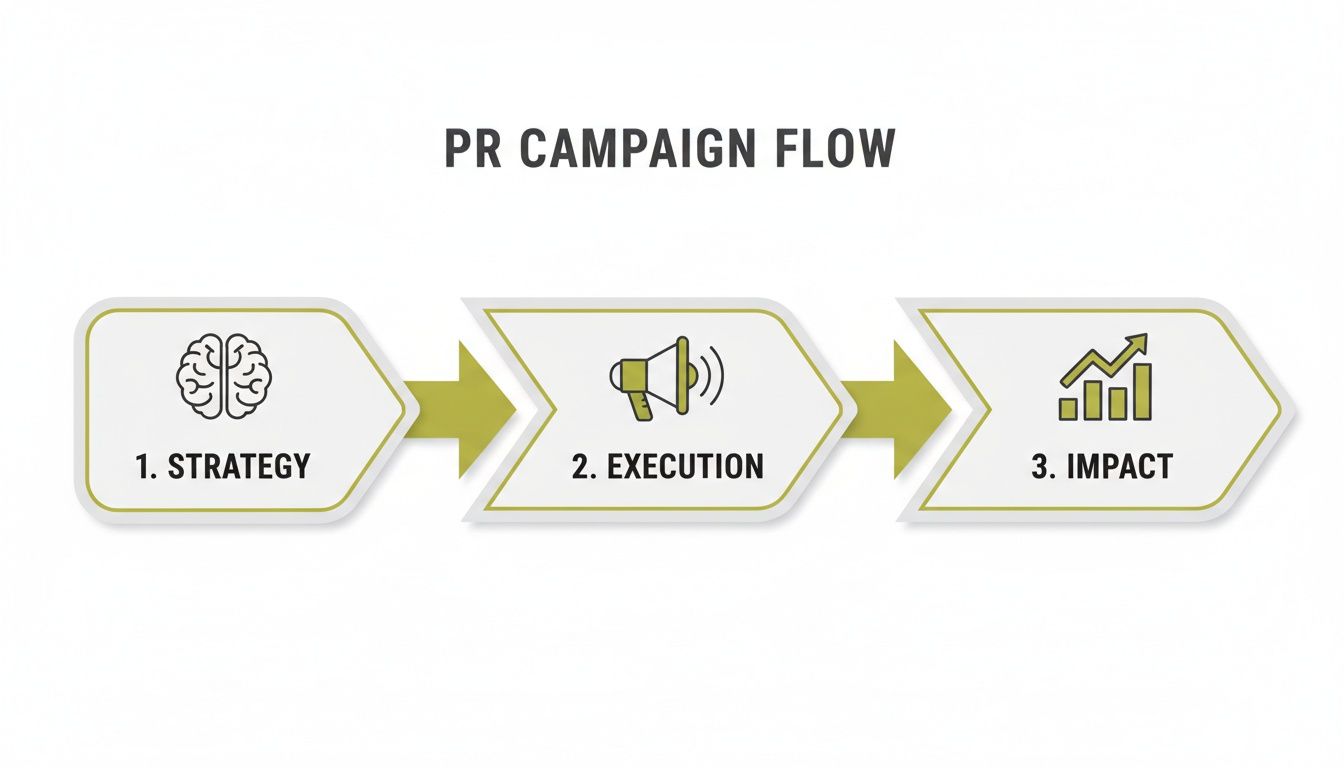 Infographic illustrating the three-step PR campaign flow: strategy, execution, and impact with relevant icons.